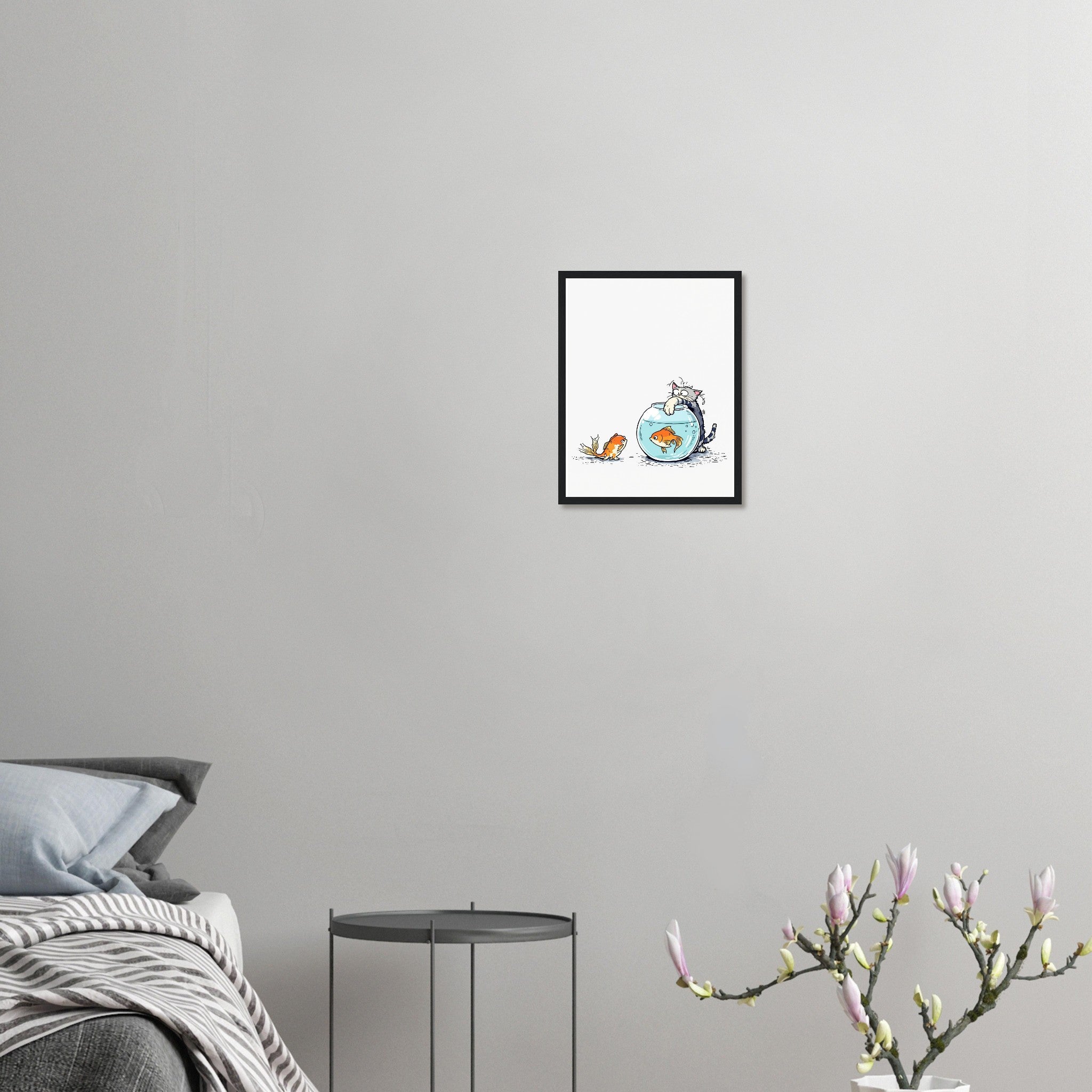 Cat And Fish Bowl Art Framed Print Wall Art Ready to Hang UK Framed Art Print — detail view | Wild Thread Co