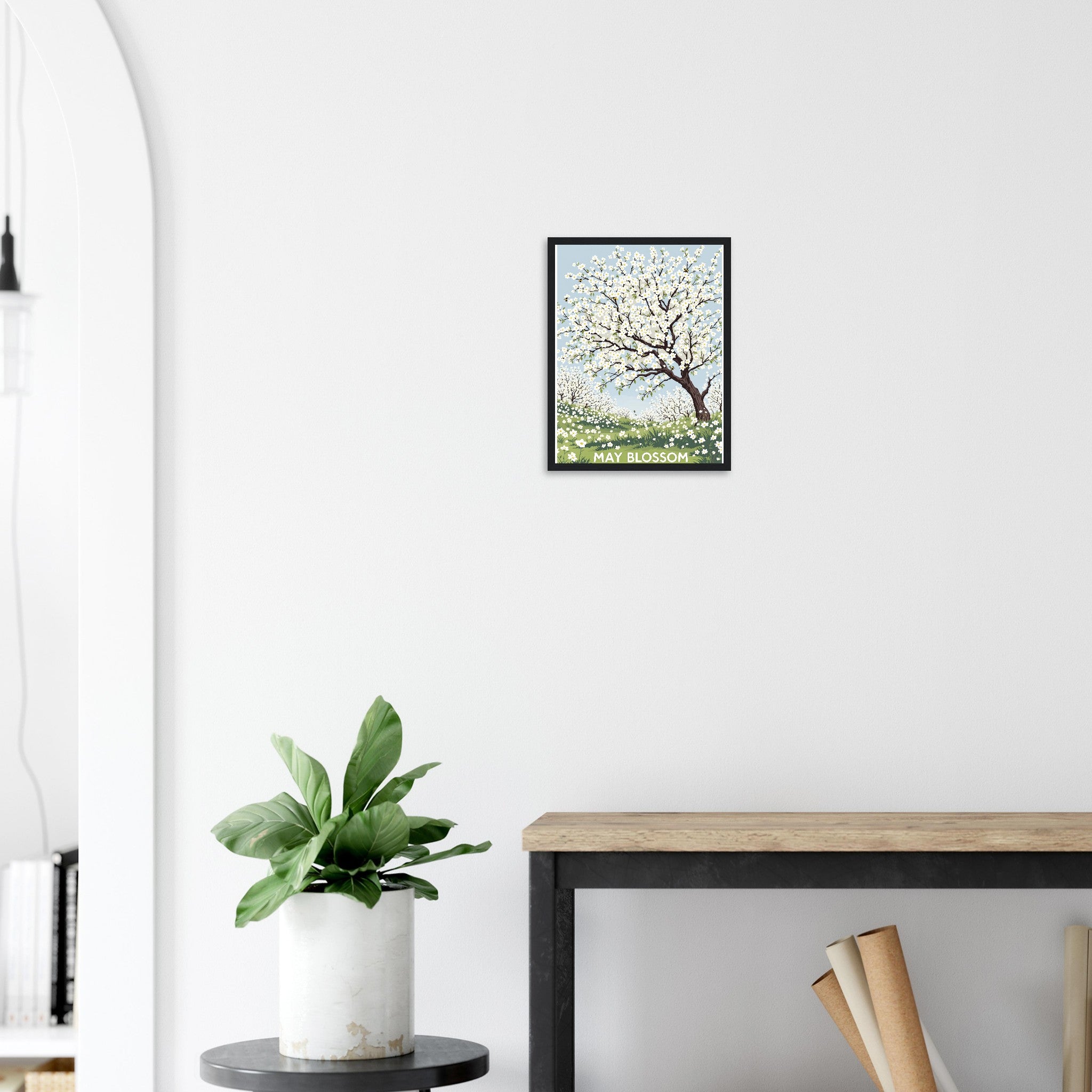 Hawthorn May Blossom Bees Framed Art Print — detail view | Wild Thread Co