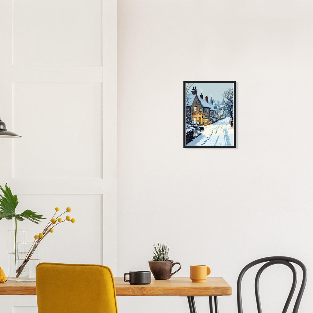 Snowfall Village Pub Light Framed Art Print — detail view | Wild Thread Co