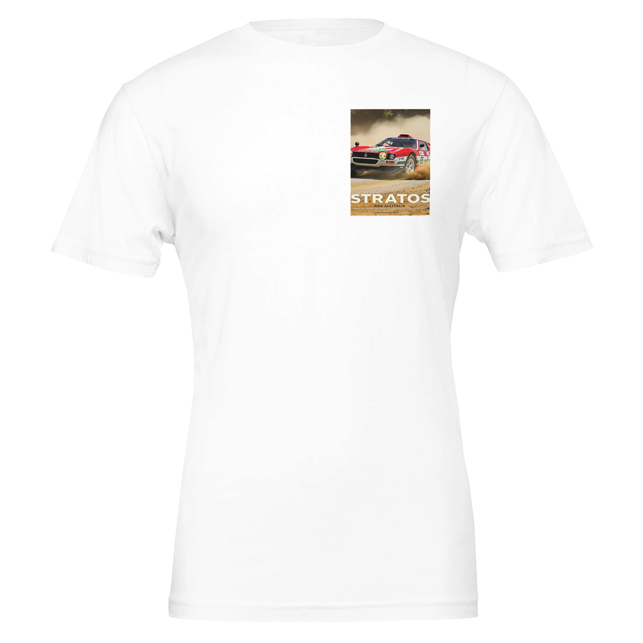 Lancia Stratos Alitalia Wrc Gravel UK Gift T-Shirt — detail view | Wild Thread Co