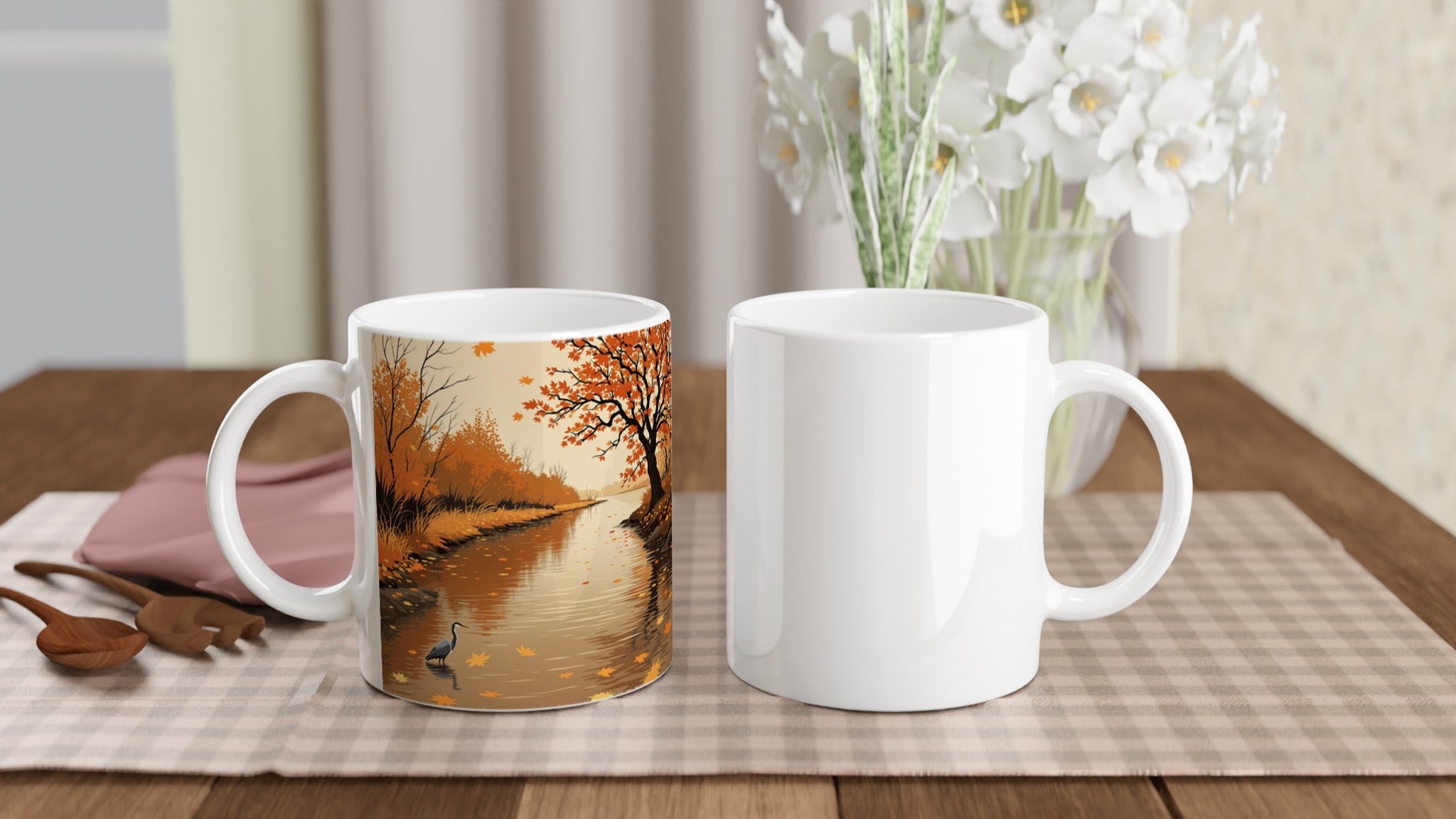 Autumn River Leaves Heron Bronze Mug — detail view | Wild Thread Co