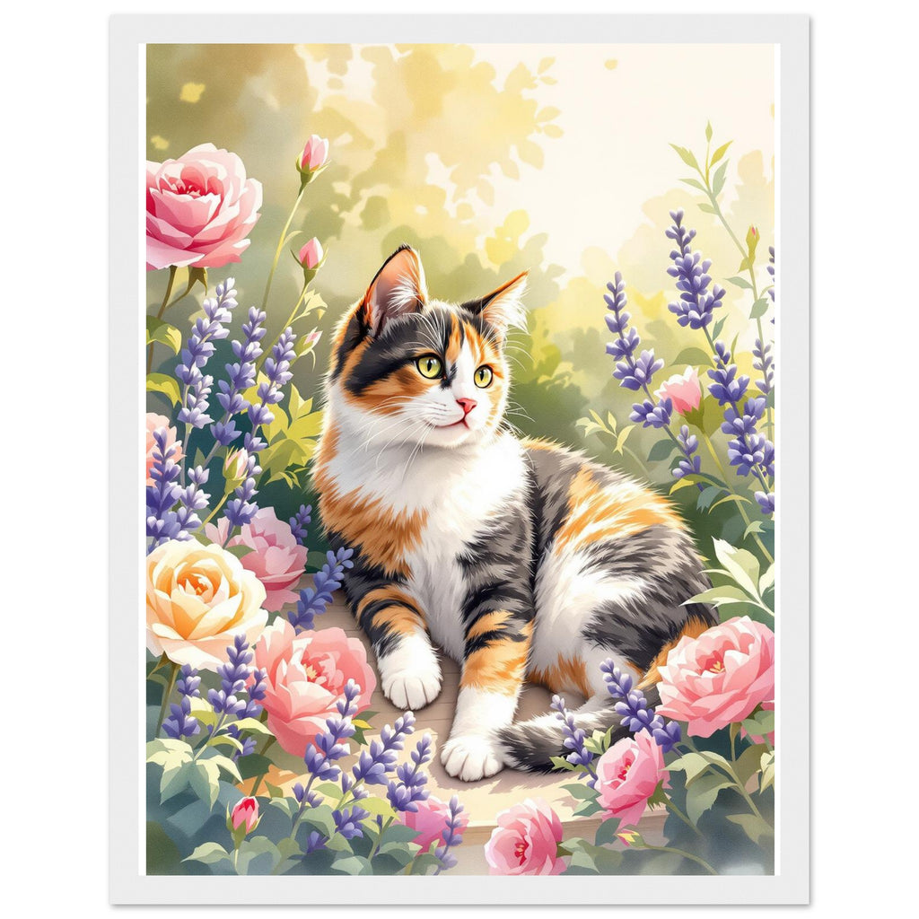 Calico Cat Garden Art Framed Print Wall Art Ready to Hang UK Framed Art Print — detail view | Wild Thread Co