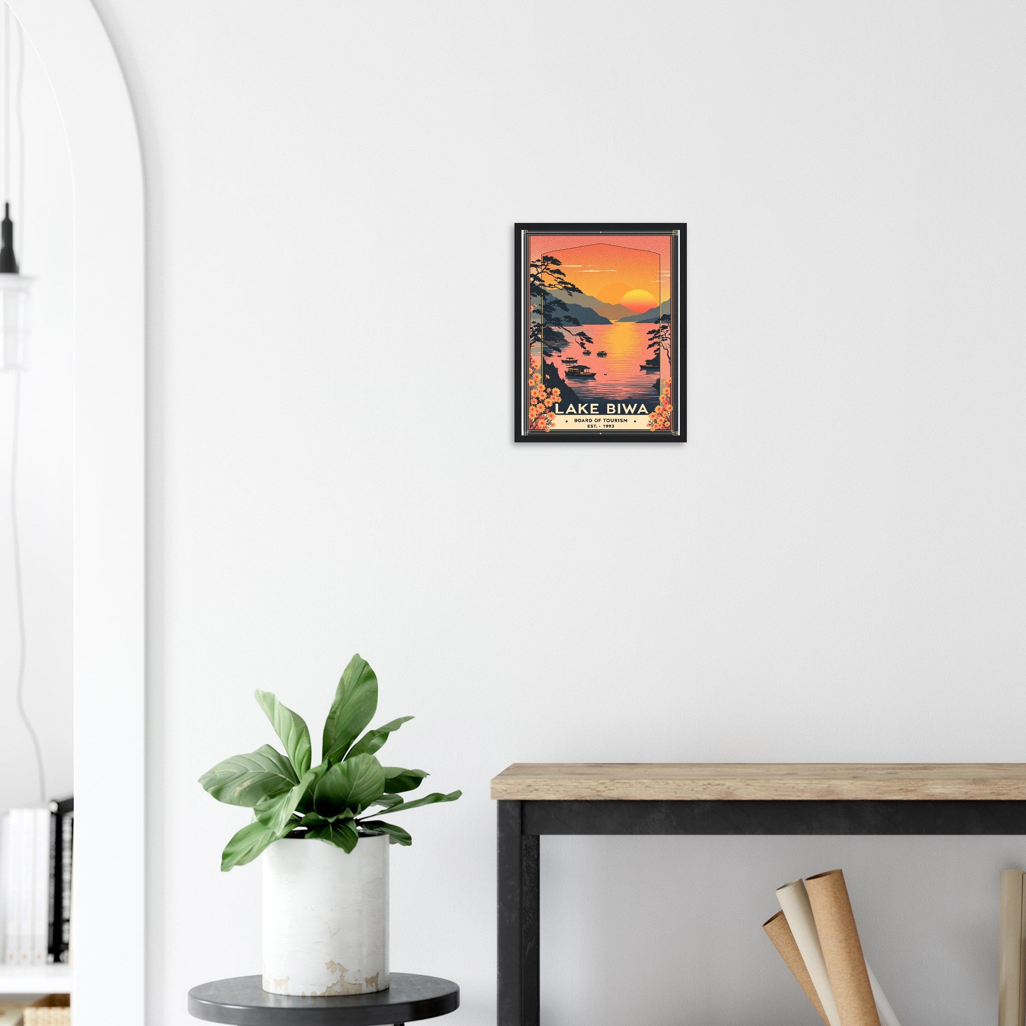 Lake Biwa Vintage Travel Poster Framed Art Print — detail view | Wild Thread Co