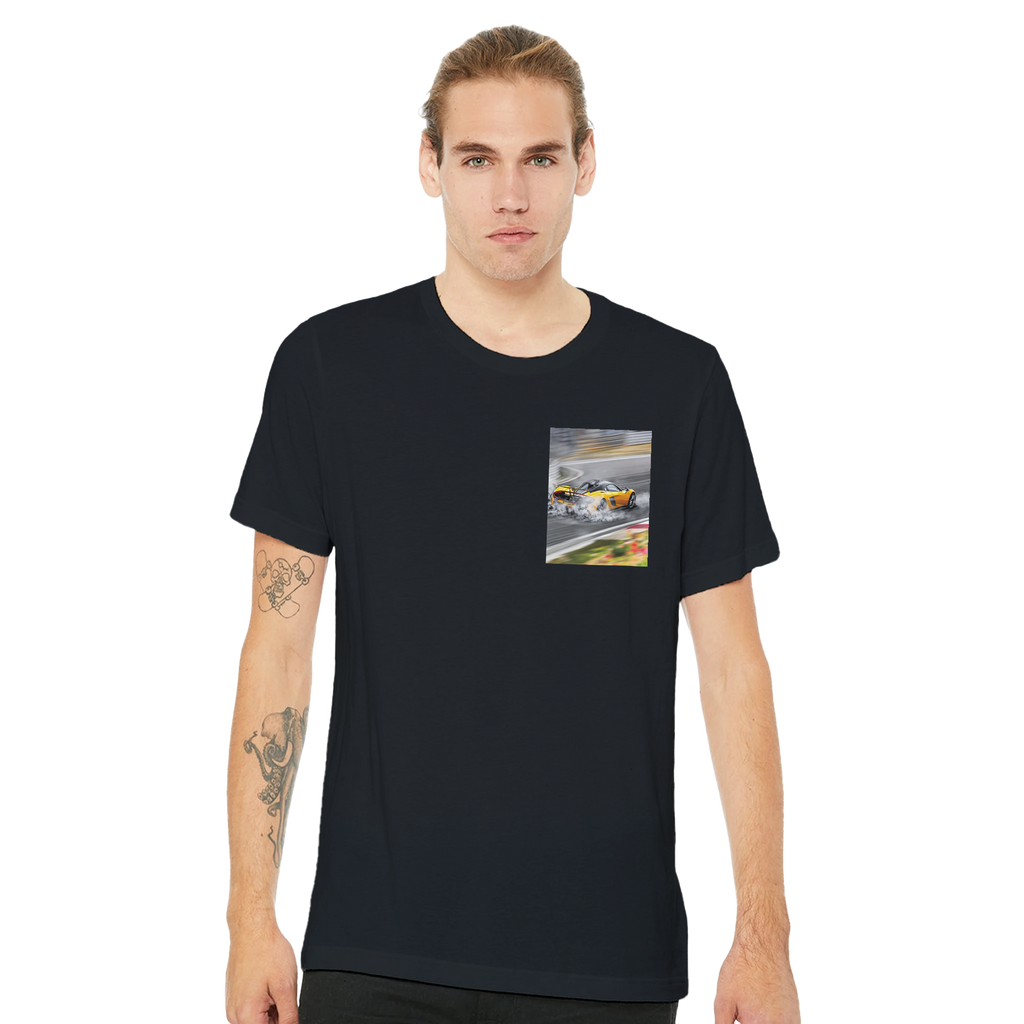 Mclaren P1 Yellow Circuit Hypercar T-Shirt — detail view | Wild Thread Co