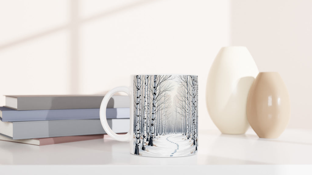Silver Birch Winter Light Woodland Mug — detail view | Wild Thread Co