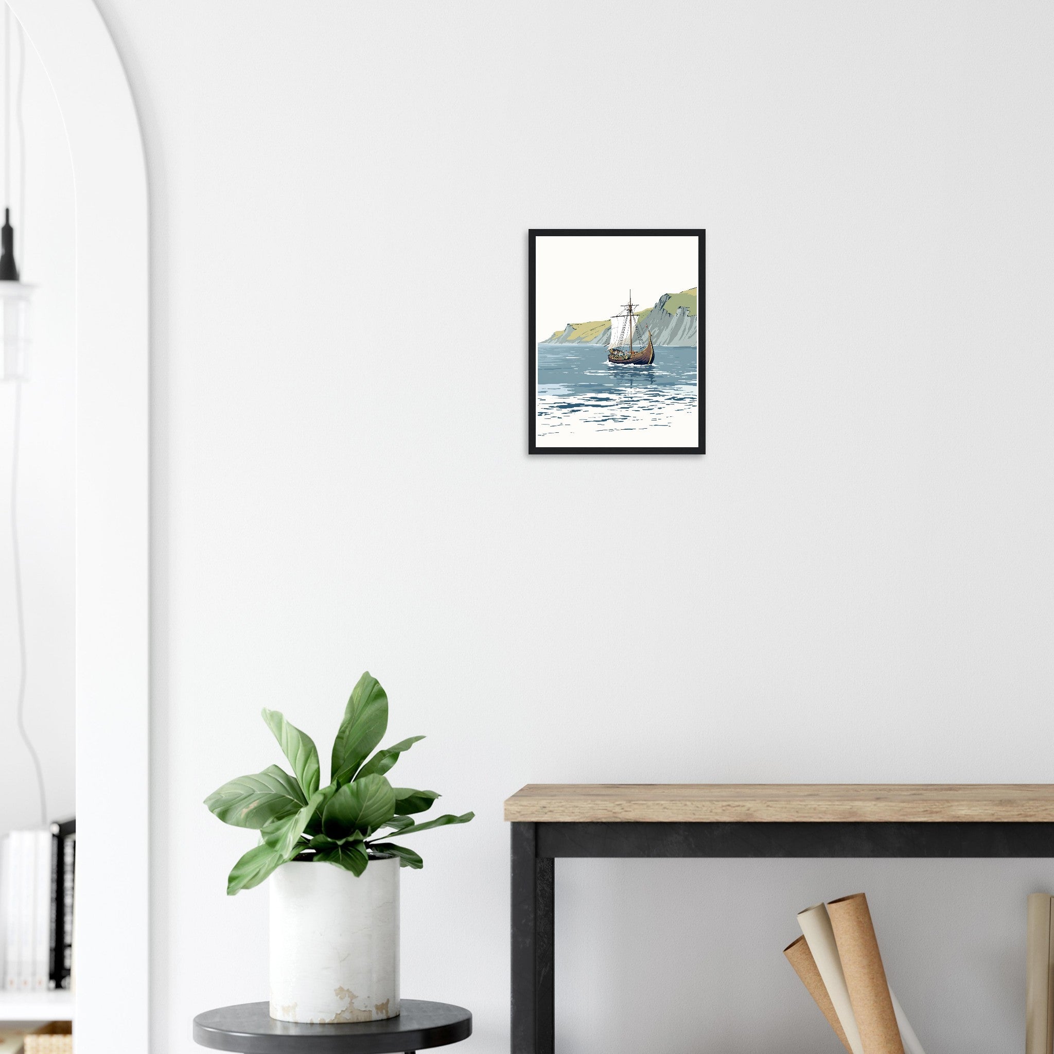 Viking Longship Approaching Britain Framed Art Print — detail view | Wild Thread Co