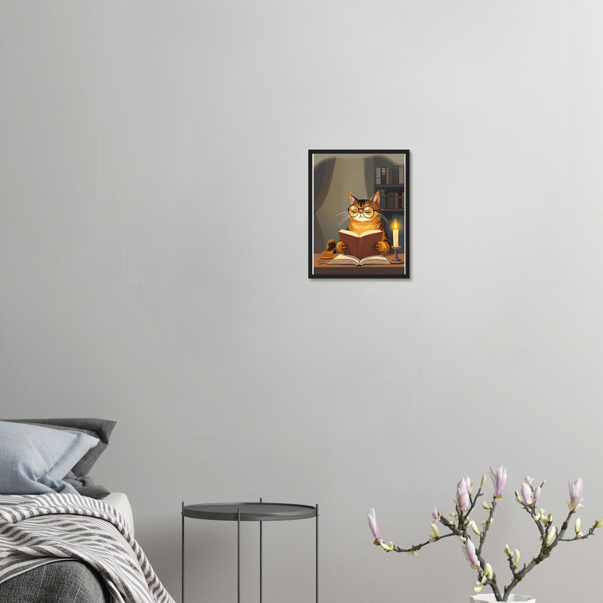 Cat Reading Book Art Framed Print Wall Art Ready to Hang UK Framed Art Print — detail view | Wild Thread Co