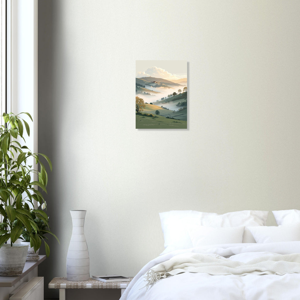 Morning Mist Valley Farm Art Wall Art UK Art Print Poster Wall Art UK UK Gift Art Print — detail view | Wild Thread Co
