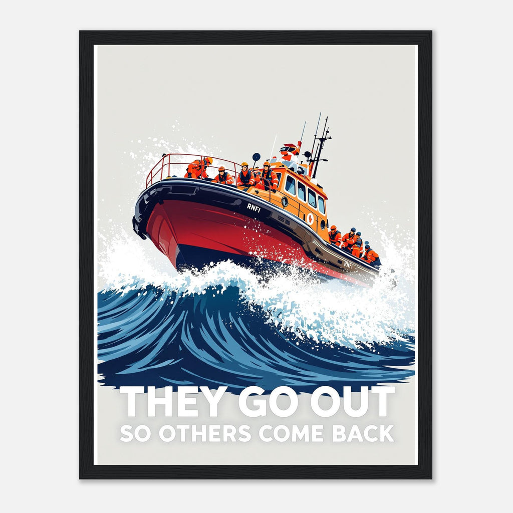 Rnli Lifeboat Launching Heavy Seas Framed Art Print — detail view | Wild Thread Co