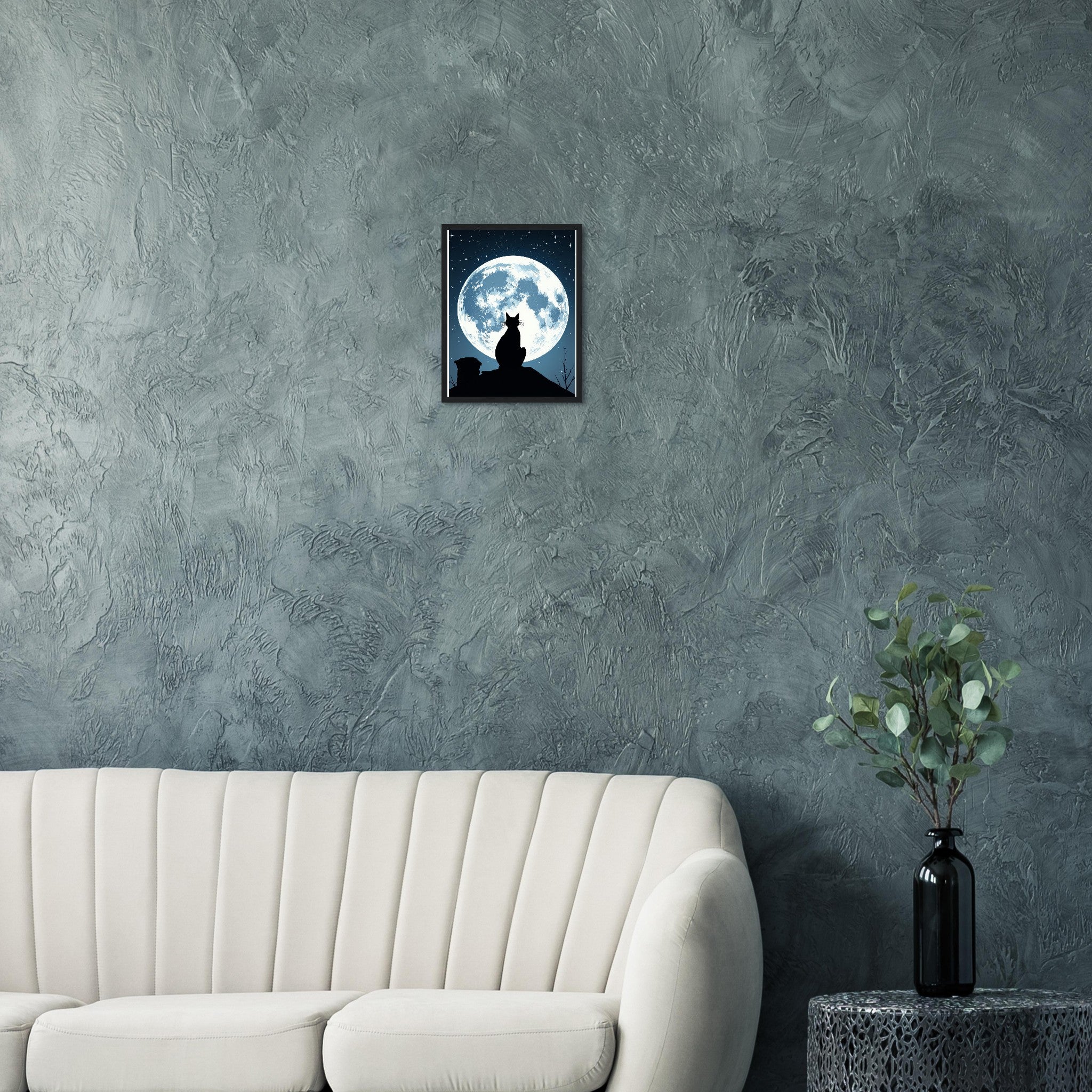 Black Cat Moonlight Framed Print Wall Art Ready to Hang UK Framed Art Print — detail view | Wild Thread Co