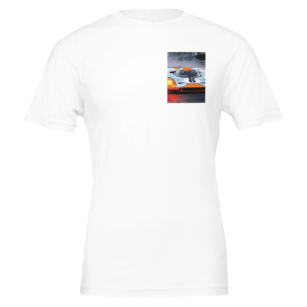 Porsche 917k Gulf T-Shirt — detail view | Wild Thread Co