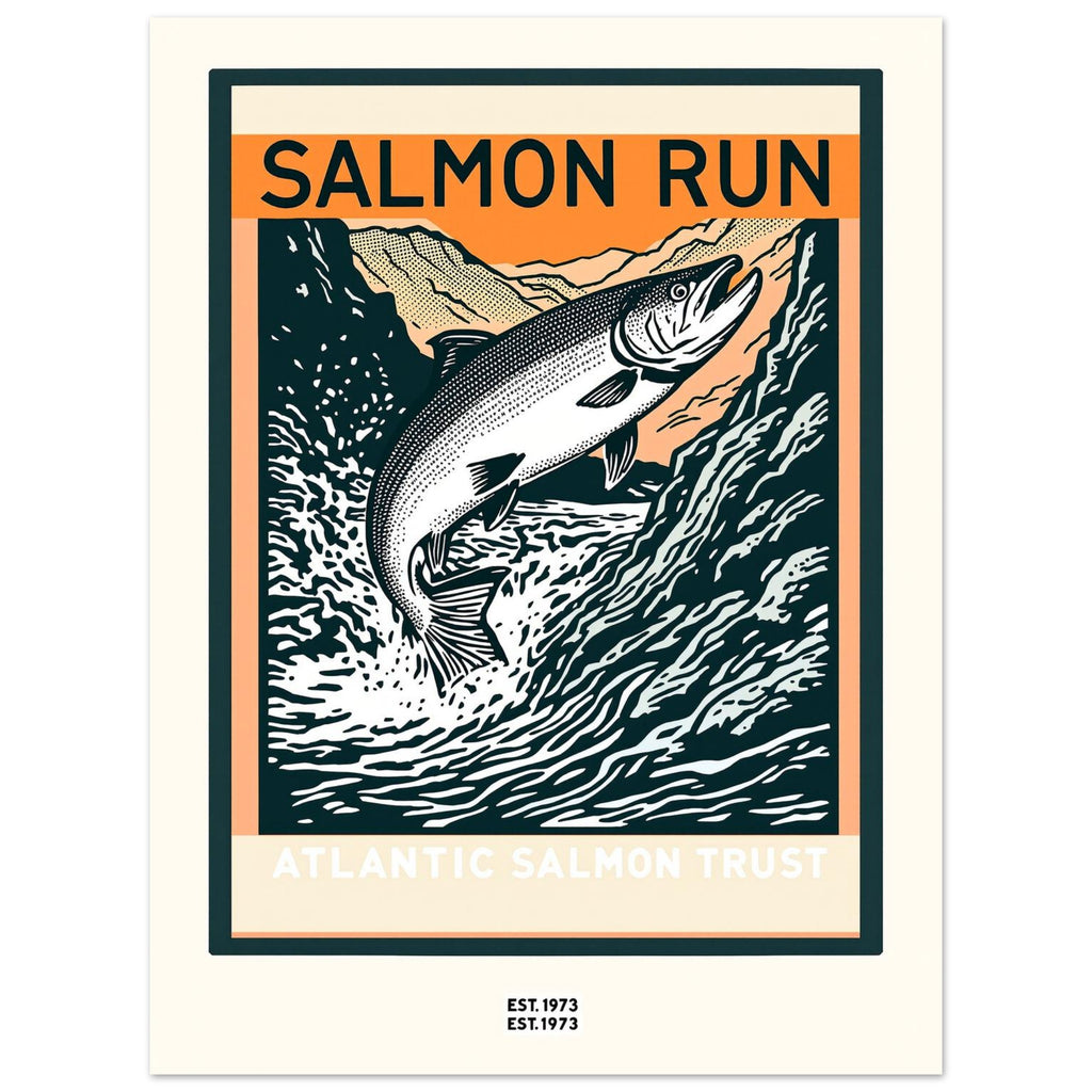 Salmon Run Vintage Travel Poster Art Print — detail view | Wild Thread Co