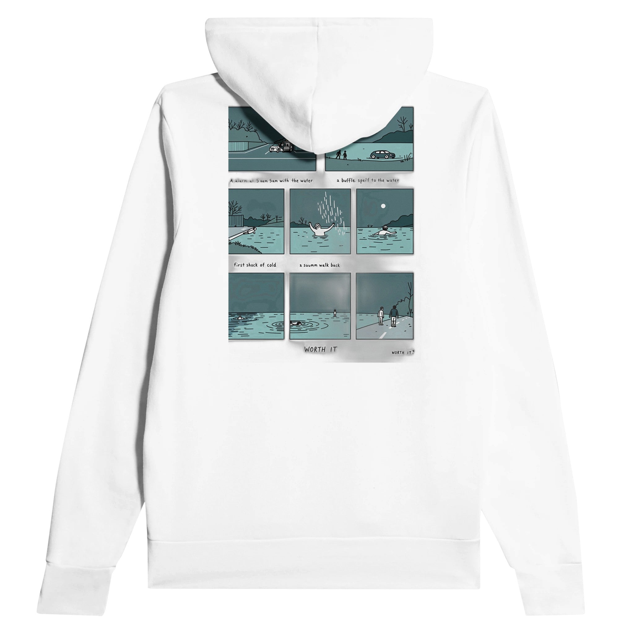 Gorpcore Wild Swimming Morning Ritual Hoodie — detail view | Wild Thread Co