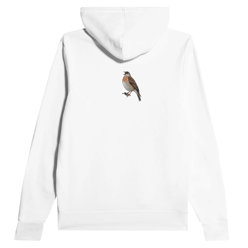 Mistle Thrush Singing Storm Hoodie — detail view | Wild Thread Co