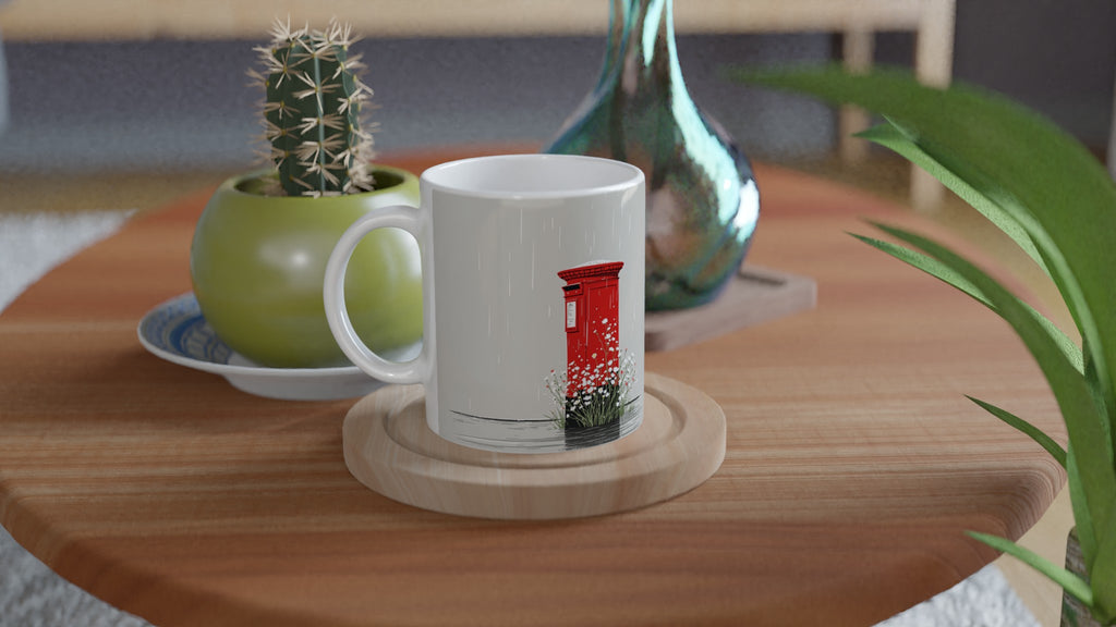 Red Postbox In The Rain Mug — detail view | Wild Thread Co