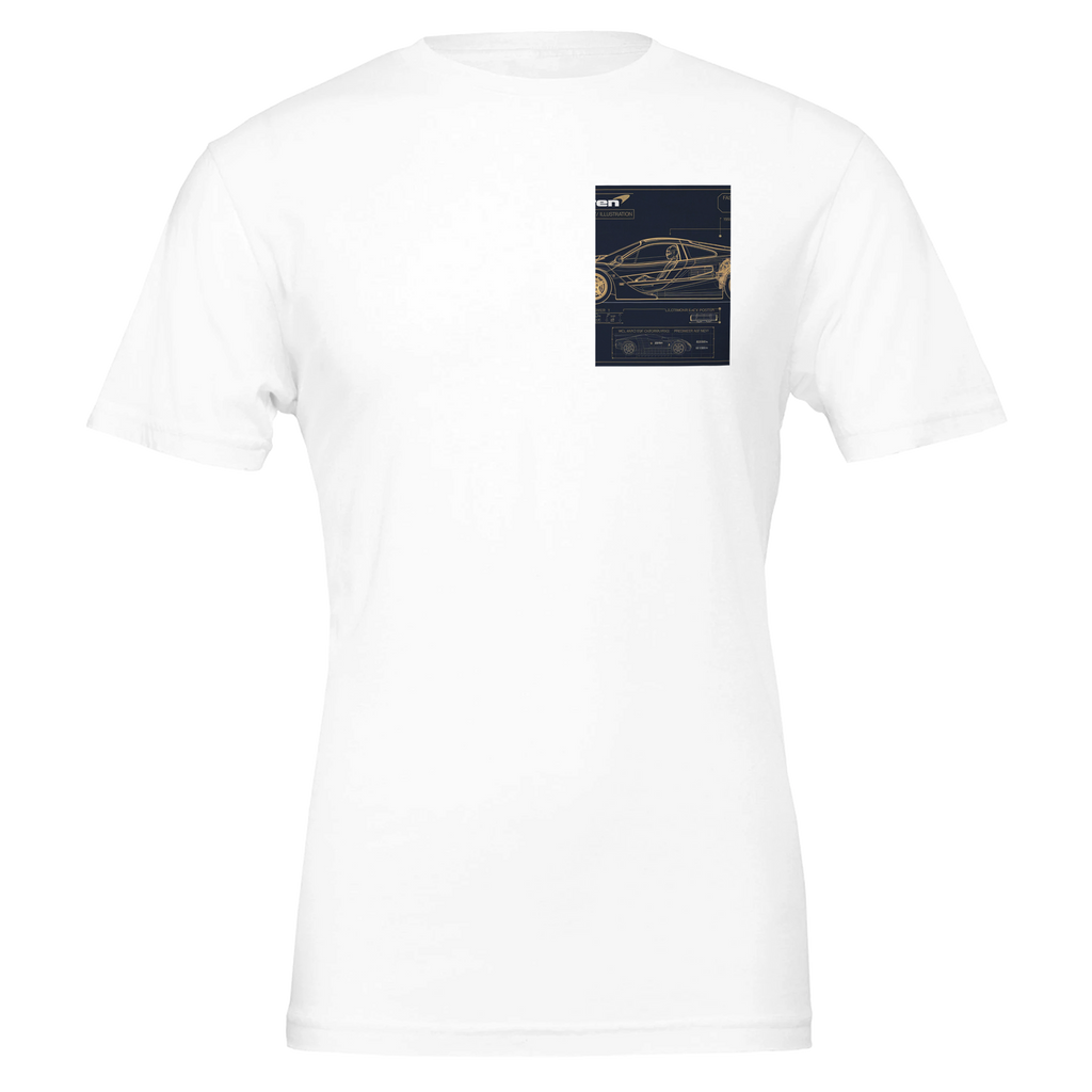 Mclaren F1 Blueprint Navy Gold UK Gift T-Shirt — detail view | Wild Thread Co