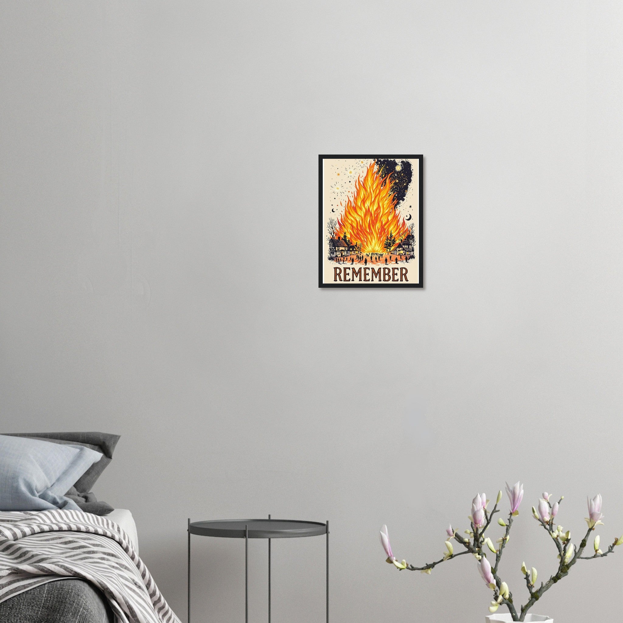 Bonfire Night Village Fire Framed Art Print — detail view | Wild Thread Co