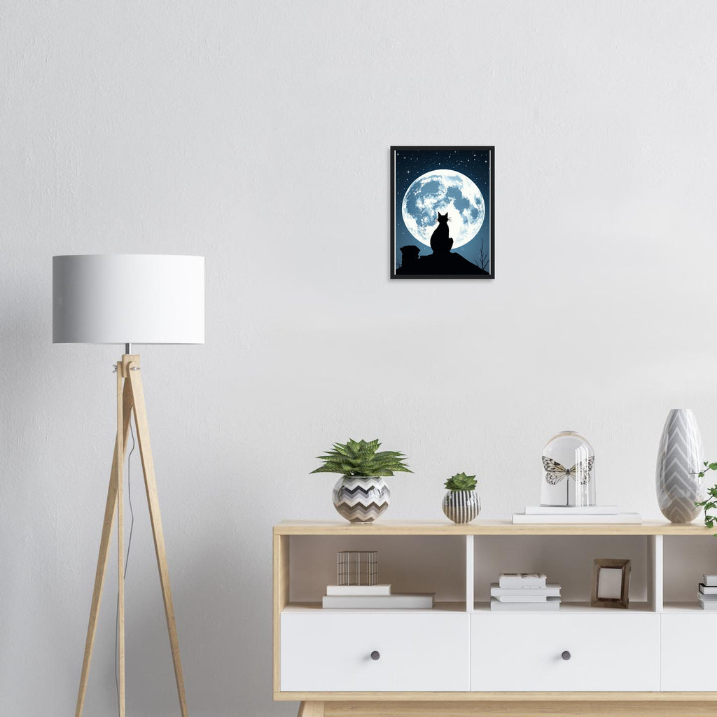 Black Cat Moonlight Art Framed Print Wall Art Ready to Hang UK Framed Art Print — detail view | Wild Thread Co
