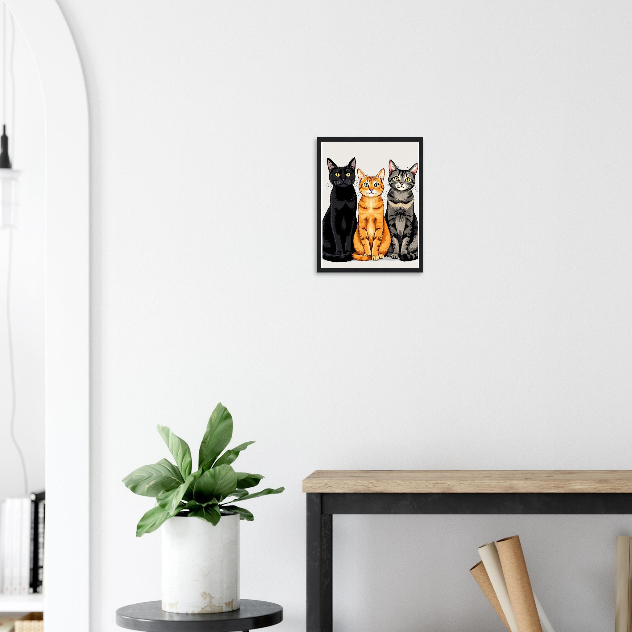 Three Cats In A Row Art Framed Print Wall Art Ready to Hang UK Framed Art Print — detail view | Wild Thread Co