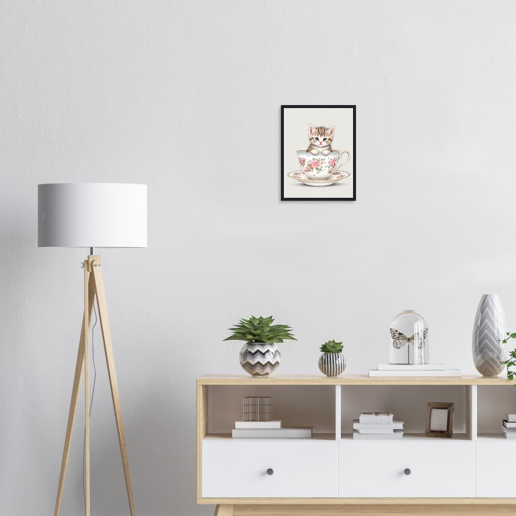 Cat And Teacup Art Framed Print Wall Art Ready to Hang UK Framed Art Print — detail view | Wild Thread Co