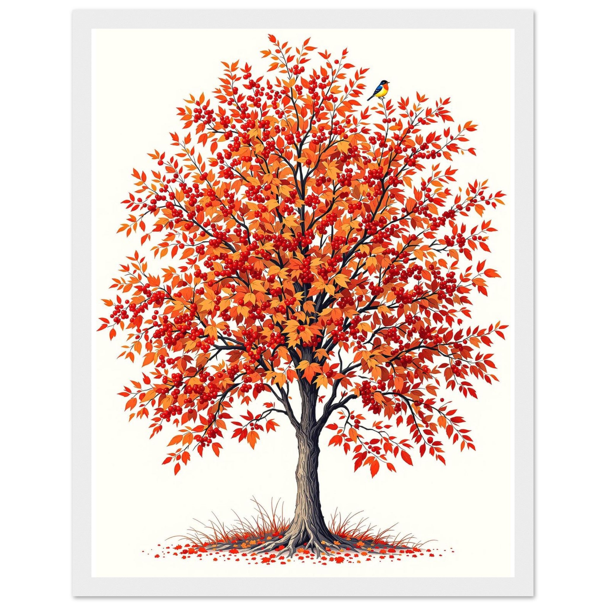 Rowan Red Berry Autumn Fieldfares Framed Art Print — detail view | Wild Thread Co