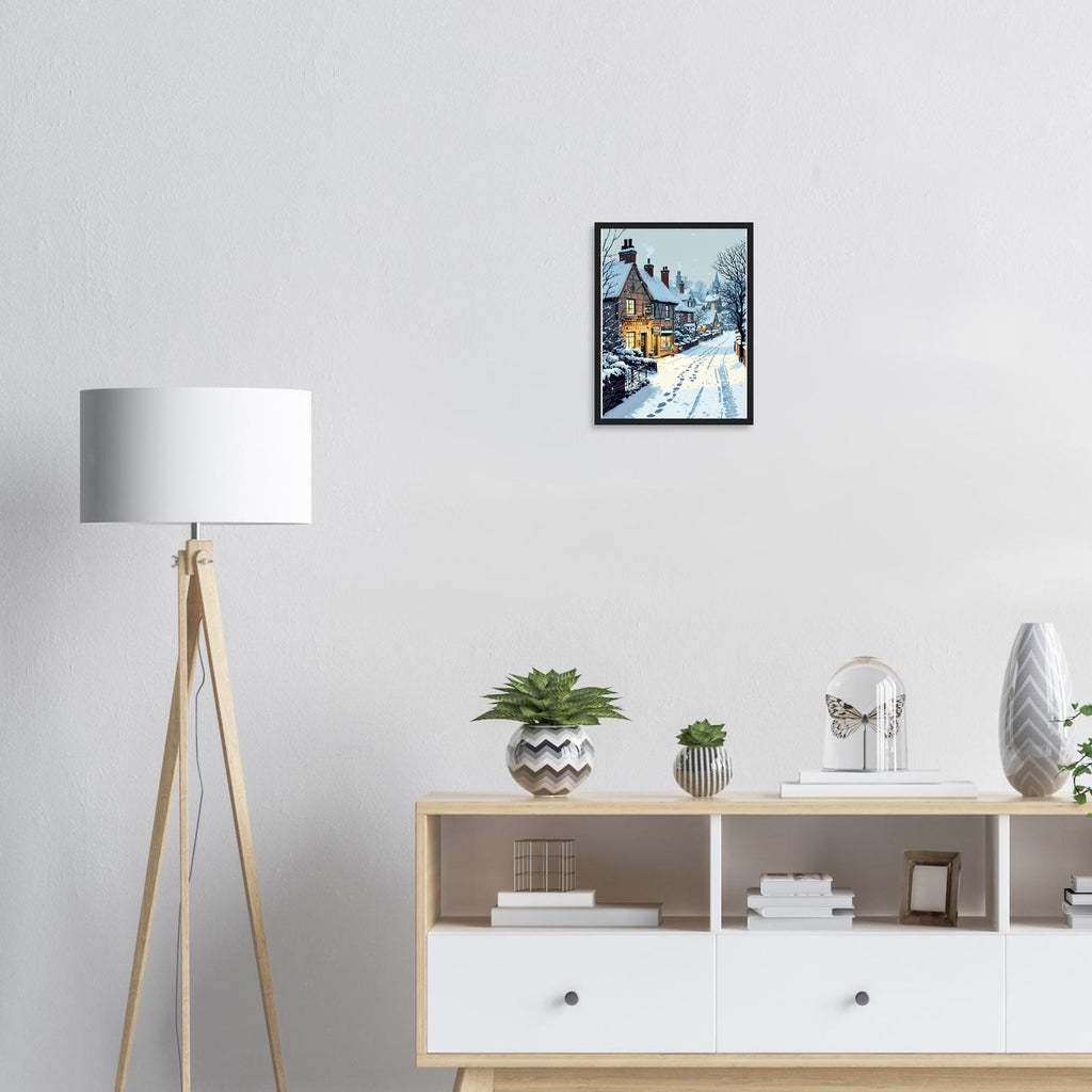 Snowfall Village Pub Light Framed Art Print — detail view | Wild Thread Co
