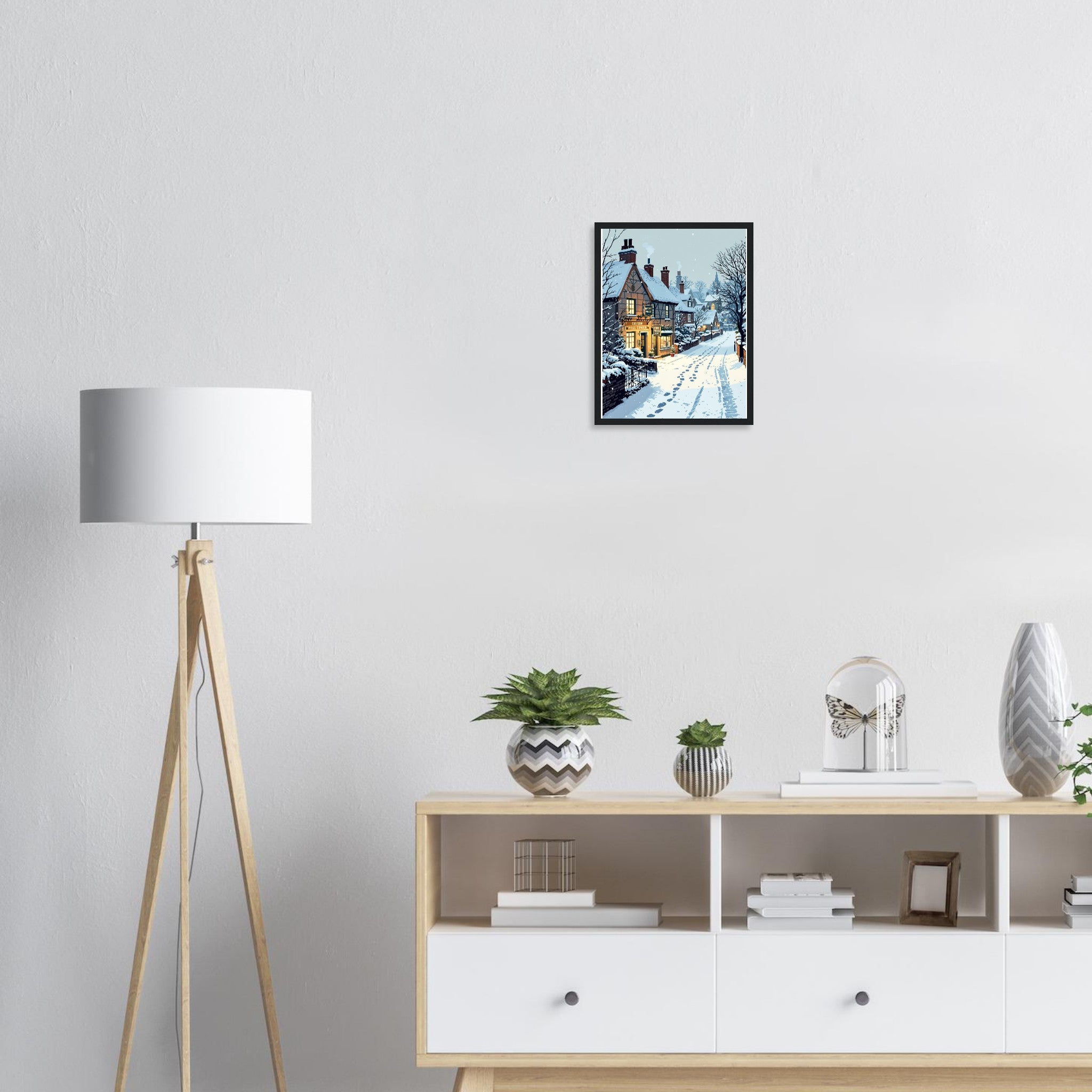 Snowfall Village Pub Light Framed Art Print — detail view | Wild Thread Co