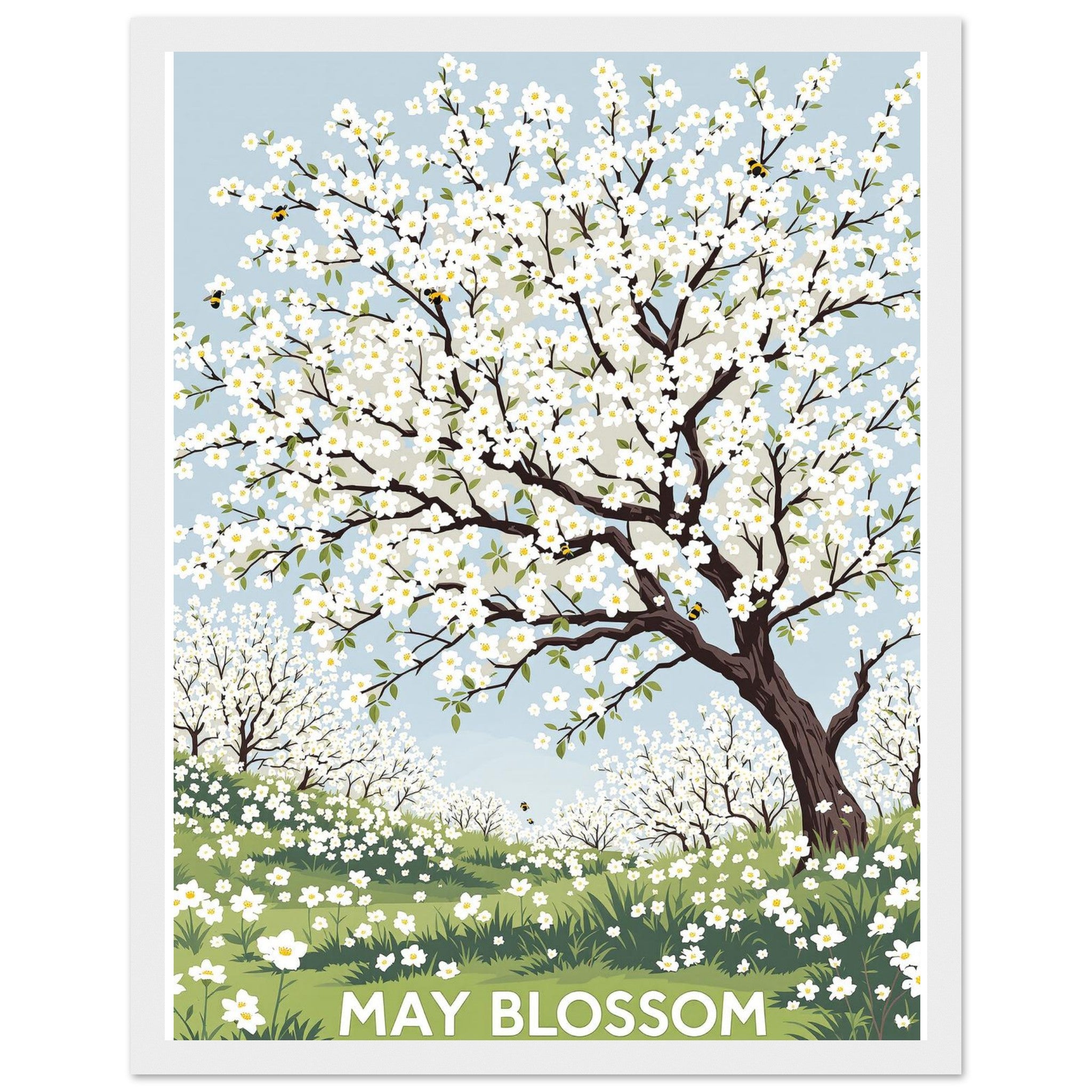 Hawthorn May Blossom Bees Framed Art Print — detail view | Wild Thread Co