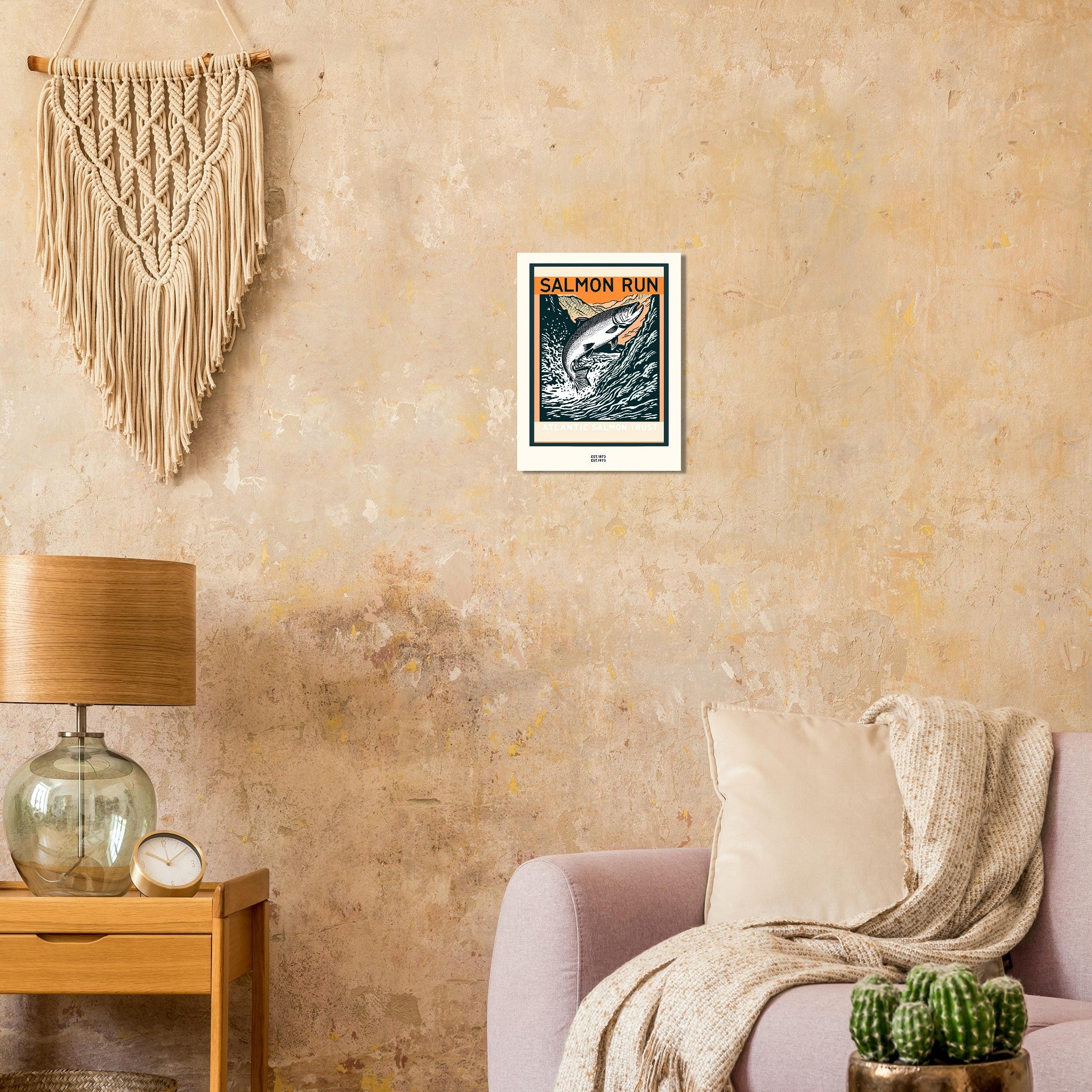 Salmon Run Vintage Travel Poster Art Print — detail view | Wild Thread Co