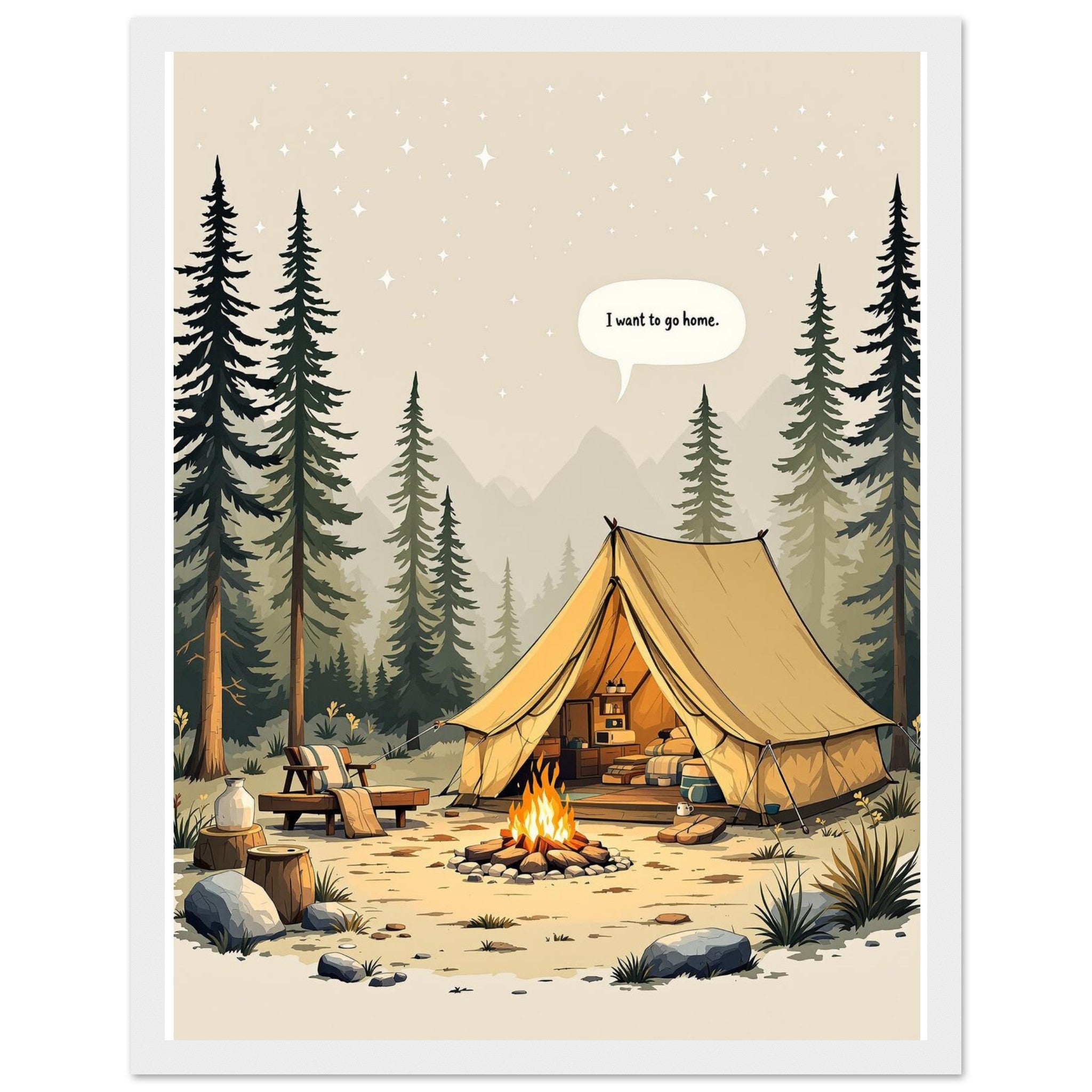 Camping Gone Wrong Humour Framed Print Wall Art Ready to Hang UK Framed Art Print — detail view | Wild Thread Co