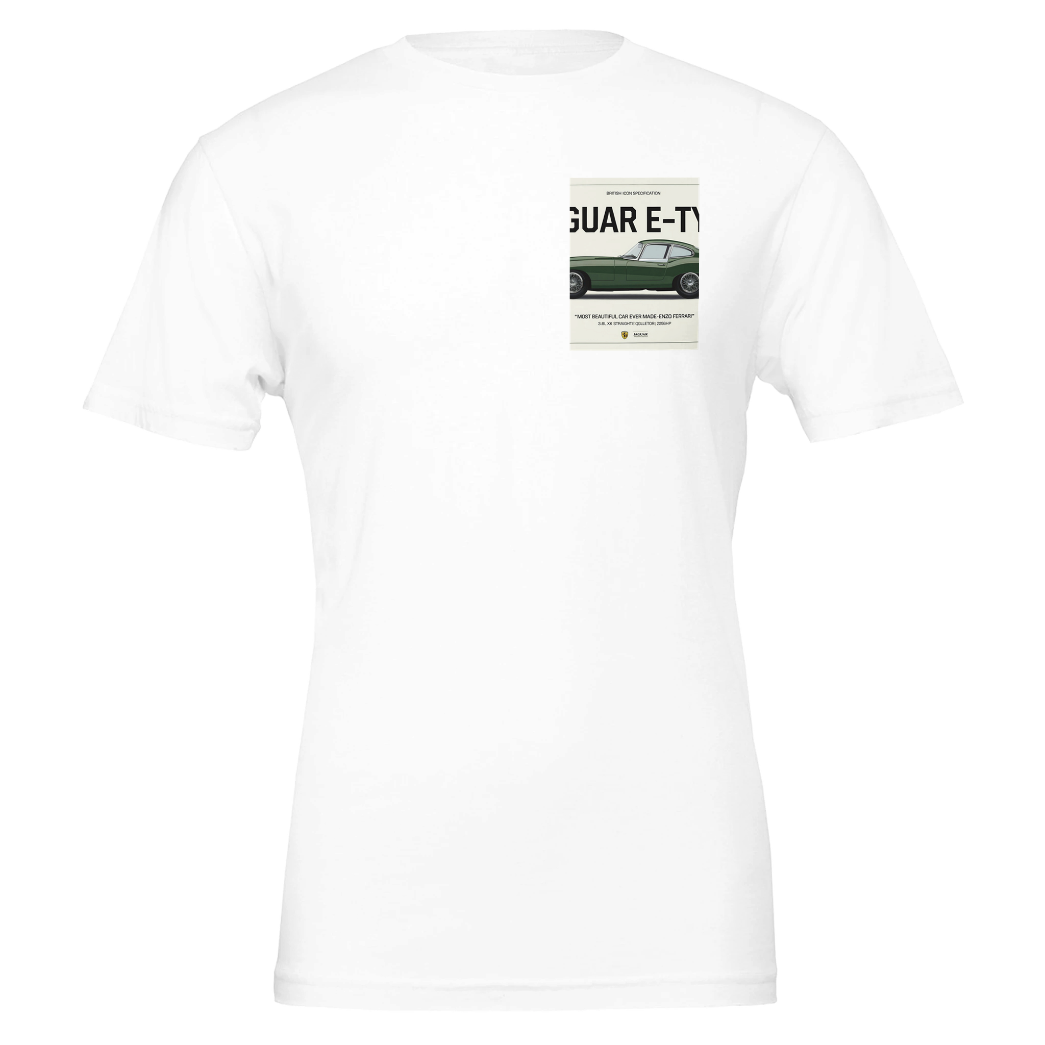 Jaguar E Type British Racing Green Spec T-Shirt — detail view | Wild Thread Co