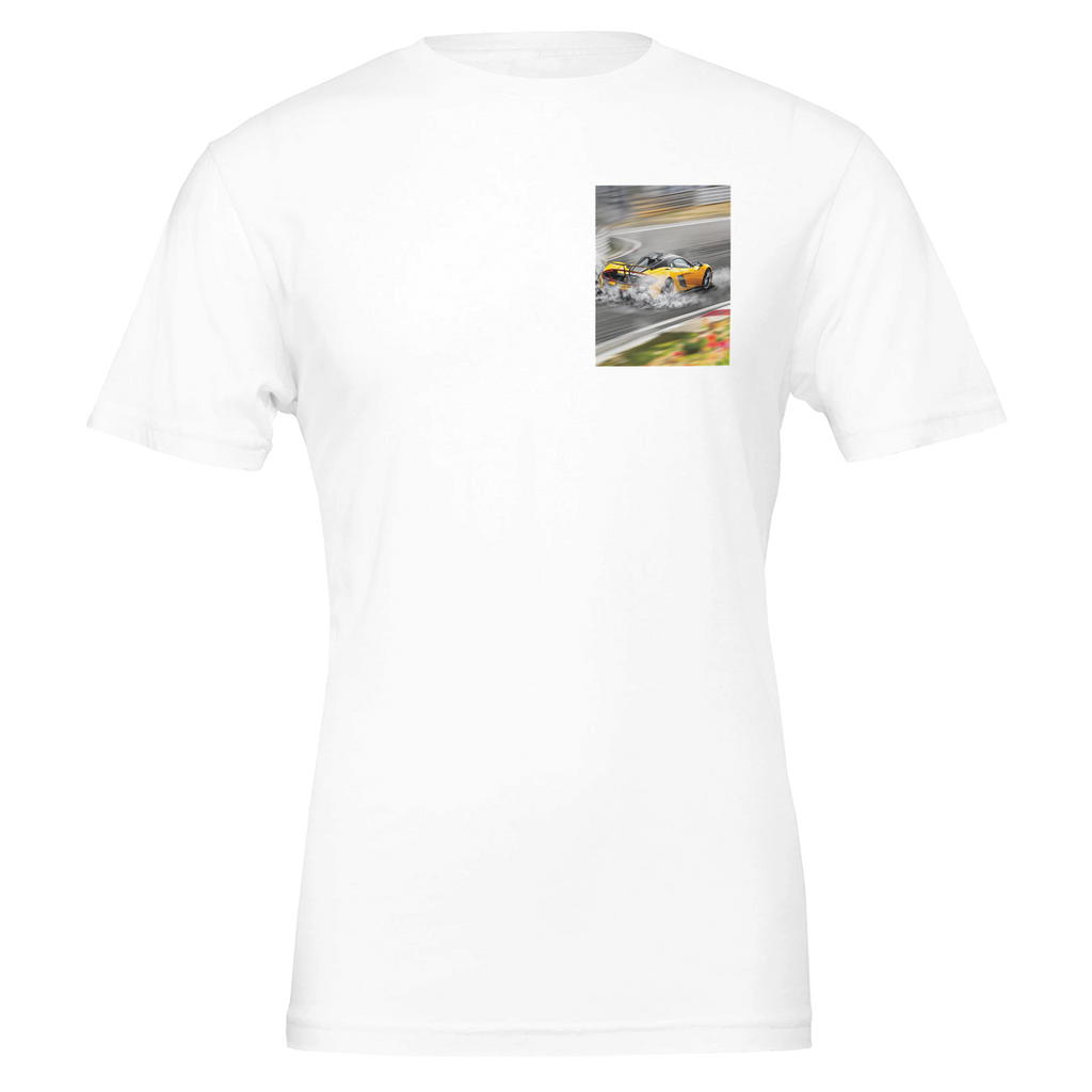 Mclaren P1 Yellow Circuit Hypercar T-Shirt — detail view | Wild Thread Co