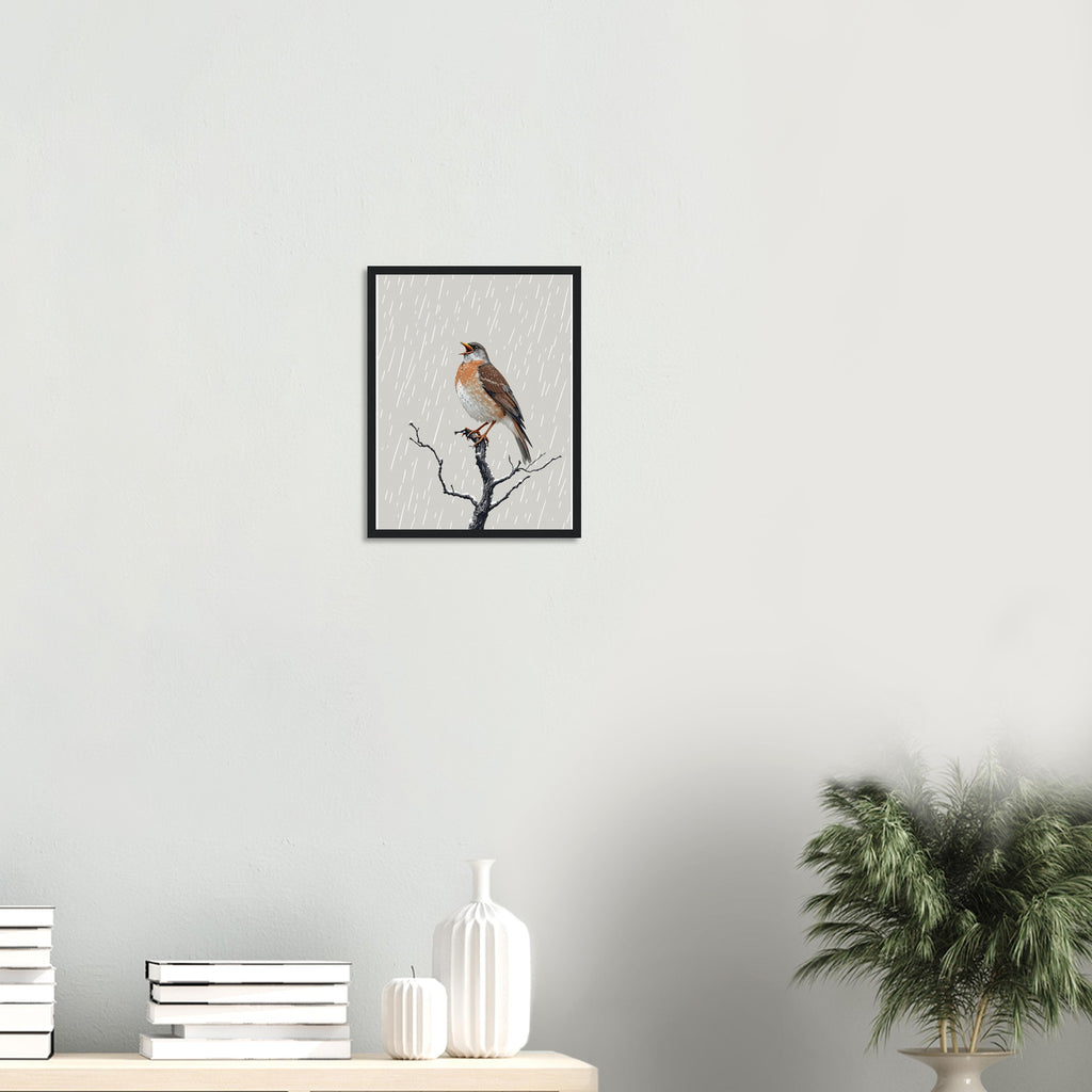 Mistle Thrush Singing Storm Framed Art Print — detail view | Wild Thread Co