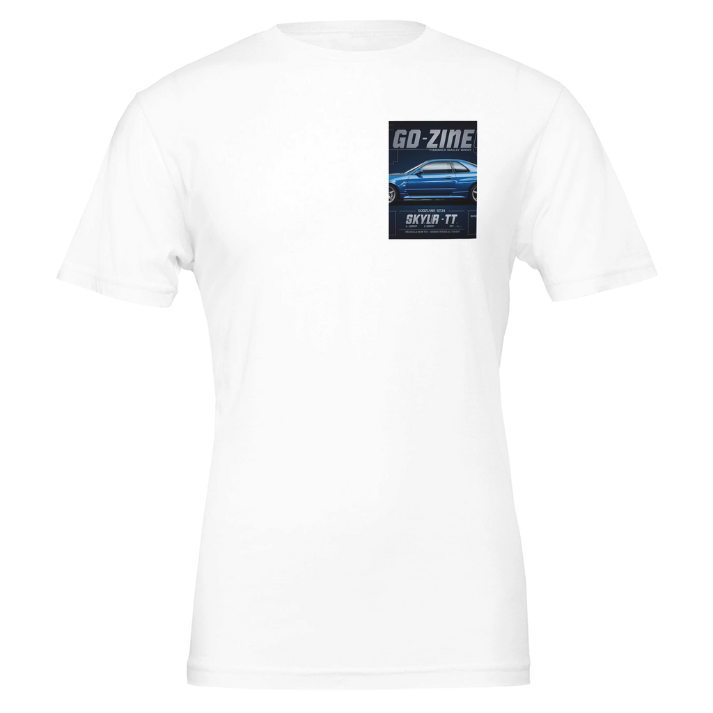 Nissan Skyline R34 Gtr Blueprint Blue T-Shirt — detail view | Wild Thread Co