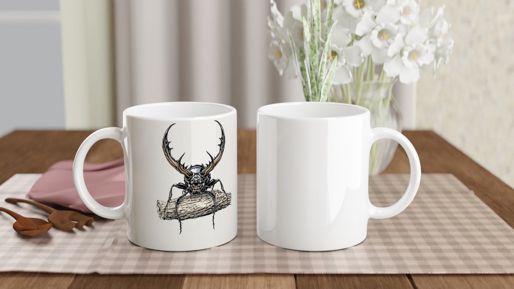 Stag Beetle Oak Log Mug — detail view | Wild Thread Co