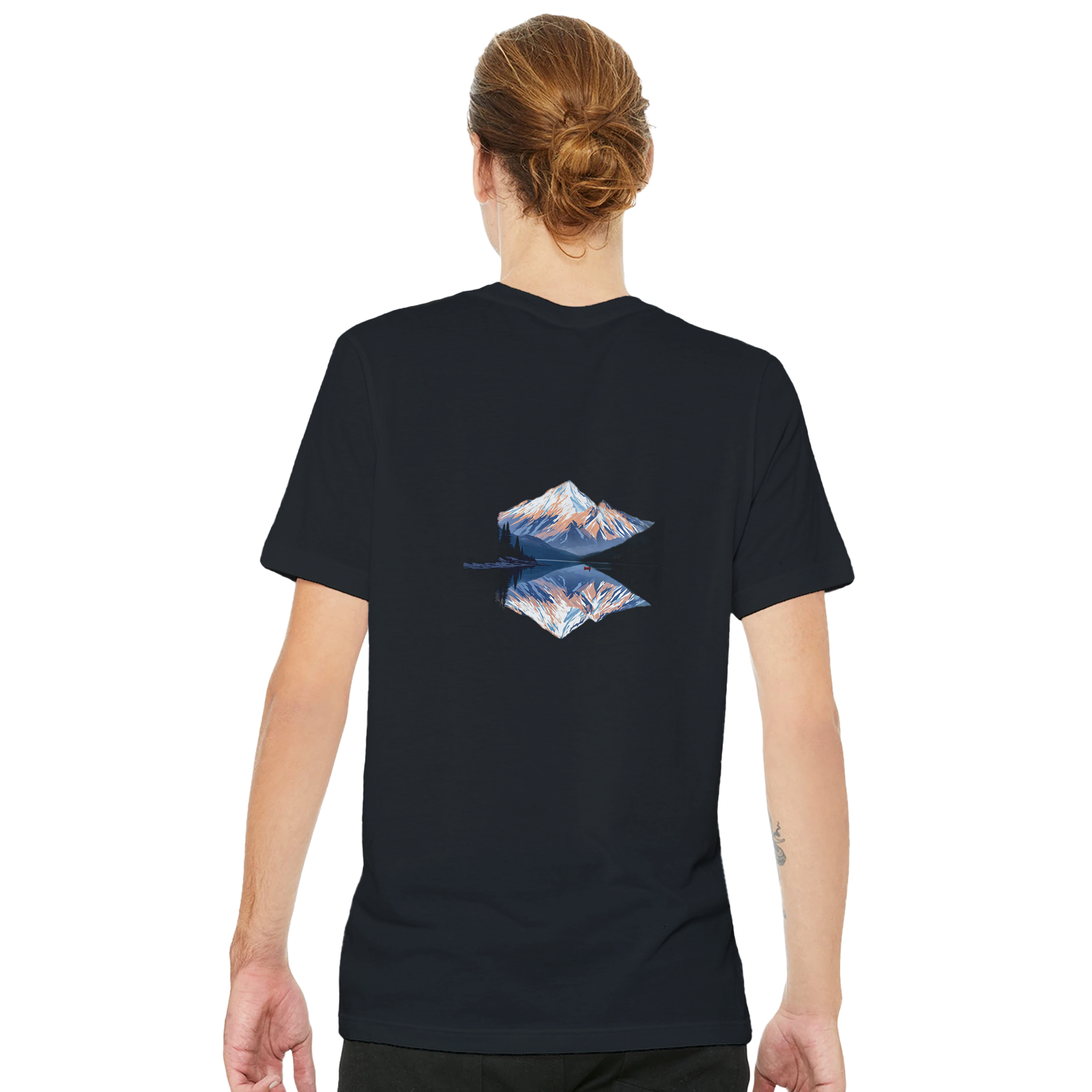 Lake Reflection Still Morning Canoe T-Shirt — detail view | Wild Thread Co