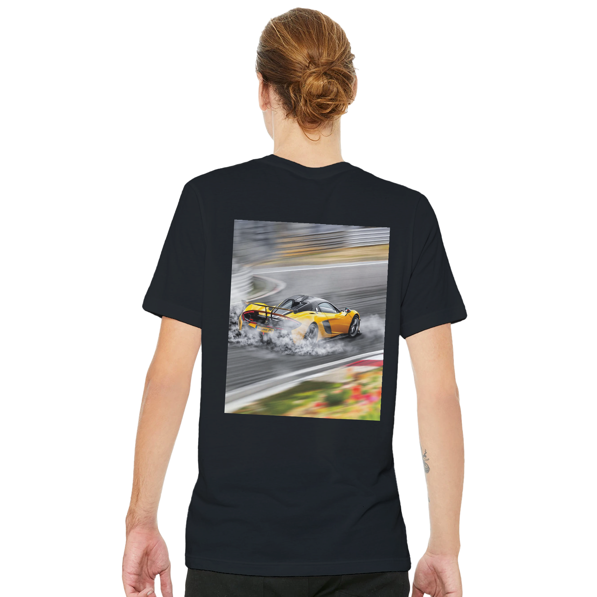 Mclaren P1 Yellow Circuit Hypercar T-Shirt — detail view | Wild Thread Co