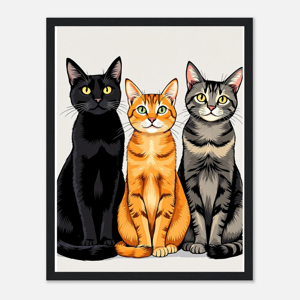 Three Cats In A Row Framed Print Wall Art Ready to Hang UK Framed Art Print — detail view | Wild Thread Co