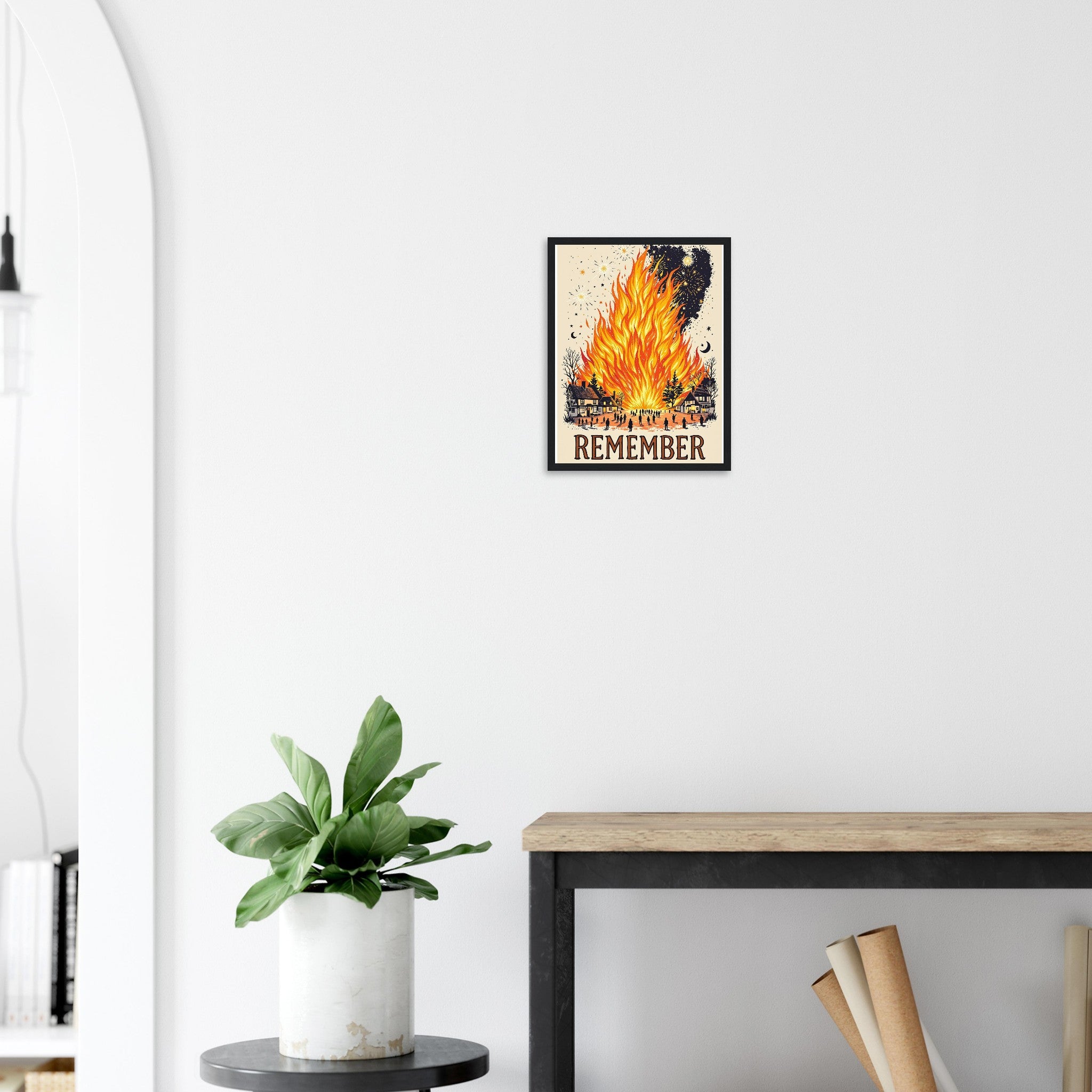 Bonfire Night Village Fire Framed Art Print — detail view | Wild Thread Co