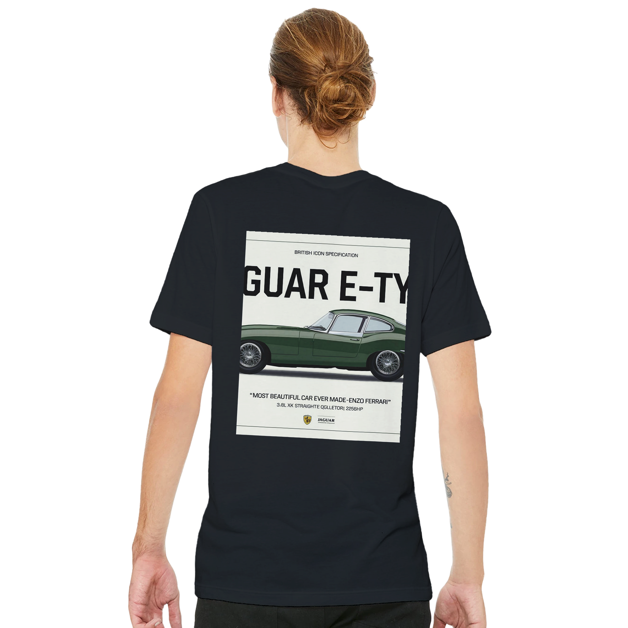 Jaguar E Type British Racing Green Spec T-Shirt — detail view | Wild Thread Co