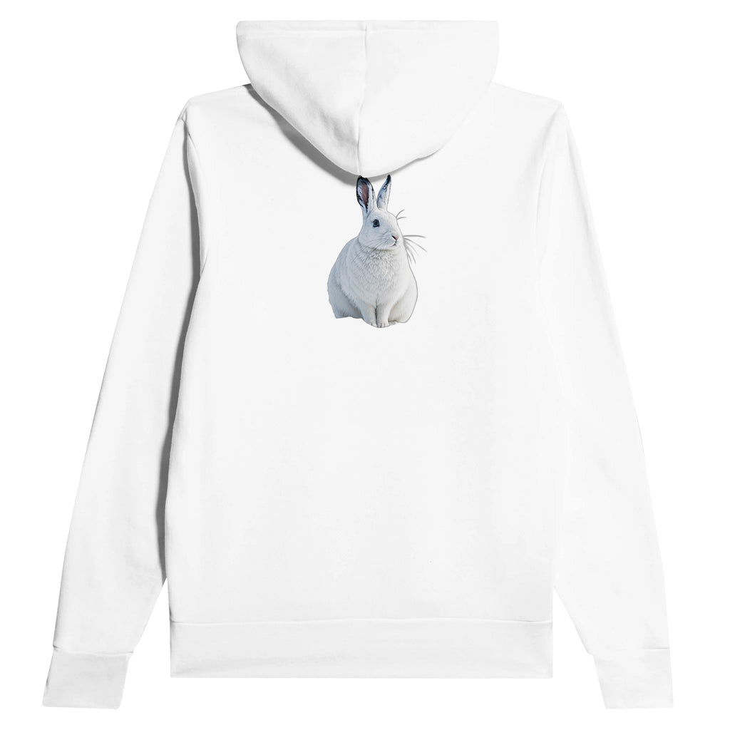 Mountain Hare White Winter Snow Hoodie — detail view | Wild Thread Co
