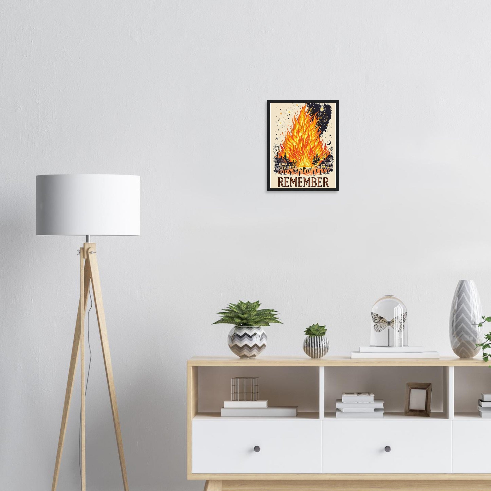 Bonfire Night Village Fire Framed Art Print — detail view | Wild Thread Co