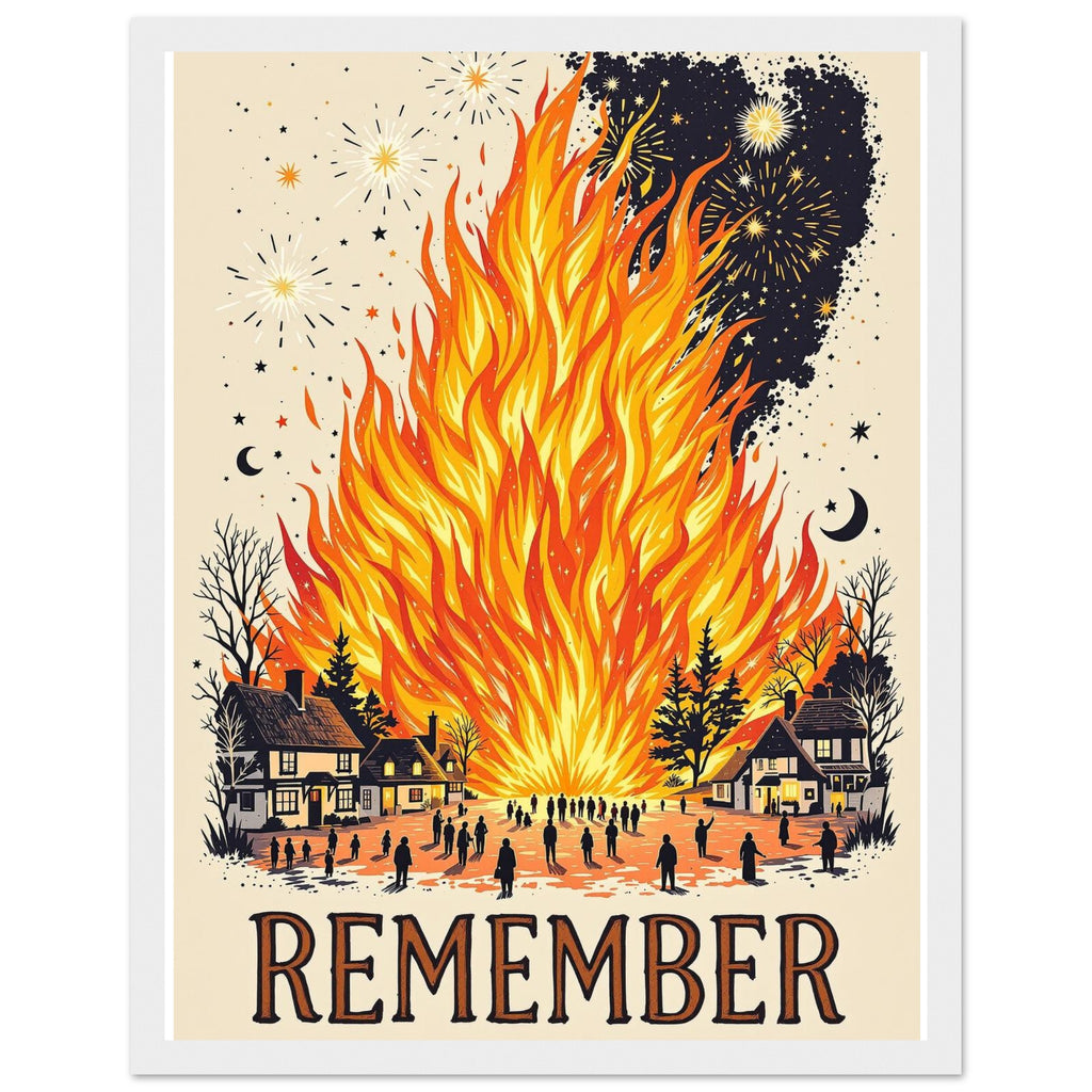 Bonfire Night Village Fire Framed Art Print — detail view | Wild Thread Co