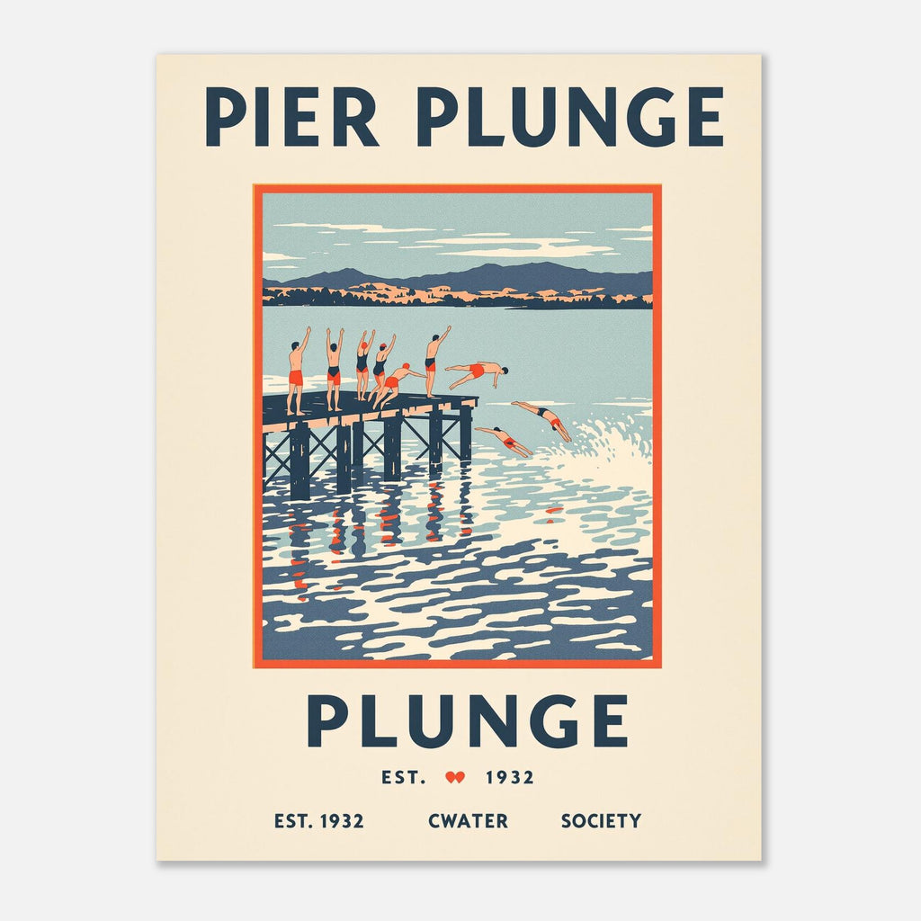 Pier Plunge Vintage Travel Poster Art Print — detail view | Wild Thread Co