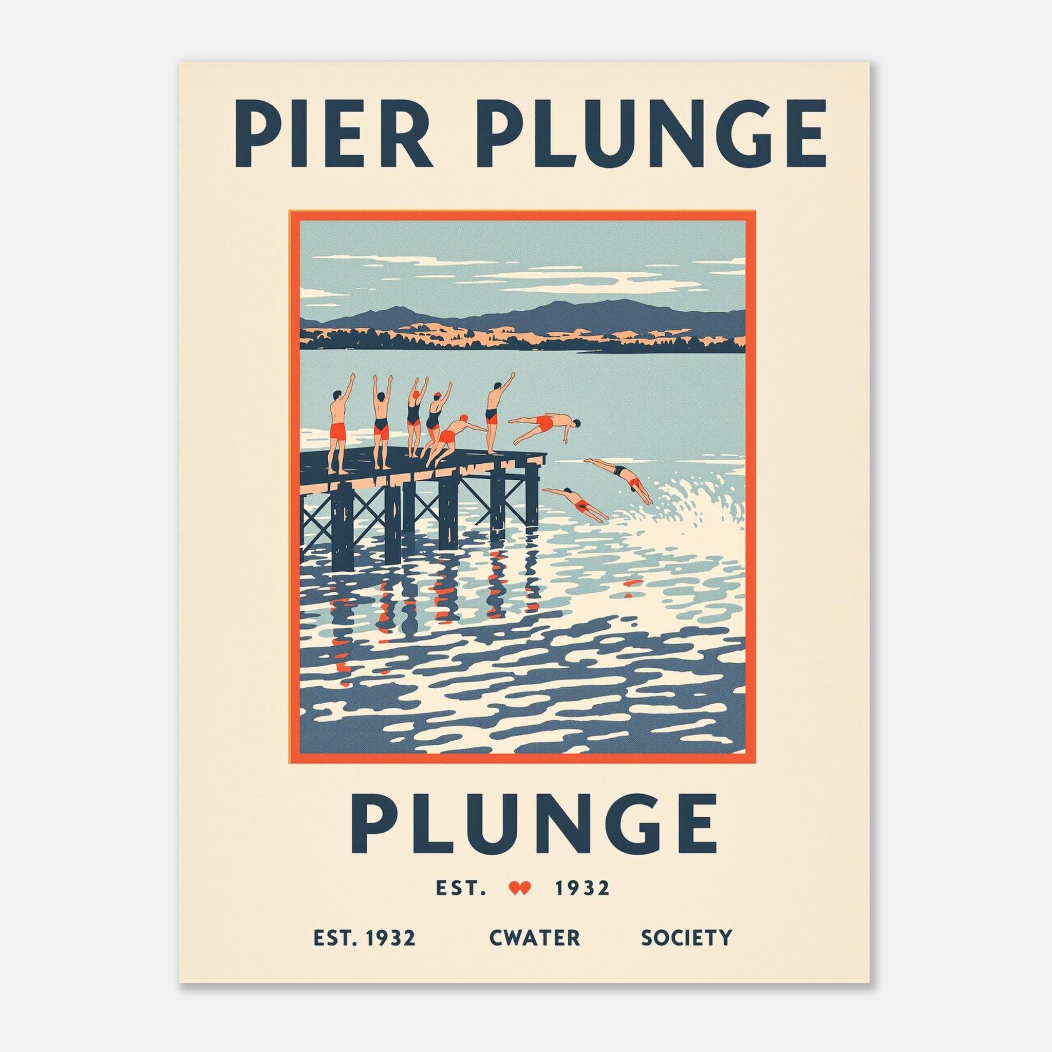 Pier Plunge Vintage Travel Poster Art Print — detail view | Wild Thread Co