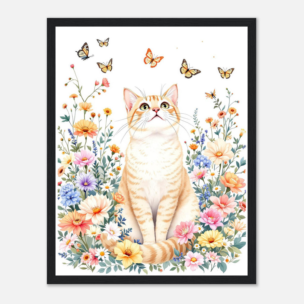 Cat In Flowers Art Framed Print Wall Art Ready to Hang UK Framed Art Print — detail view | Wild Thread Co