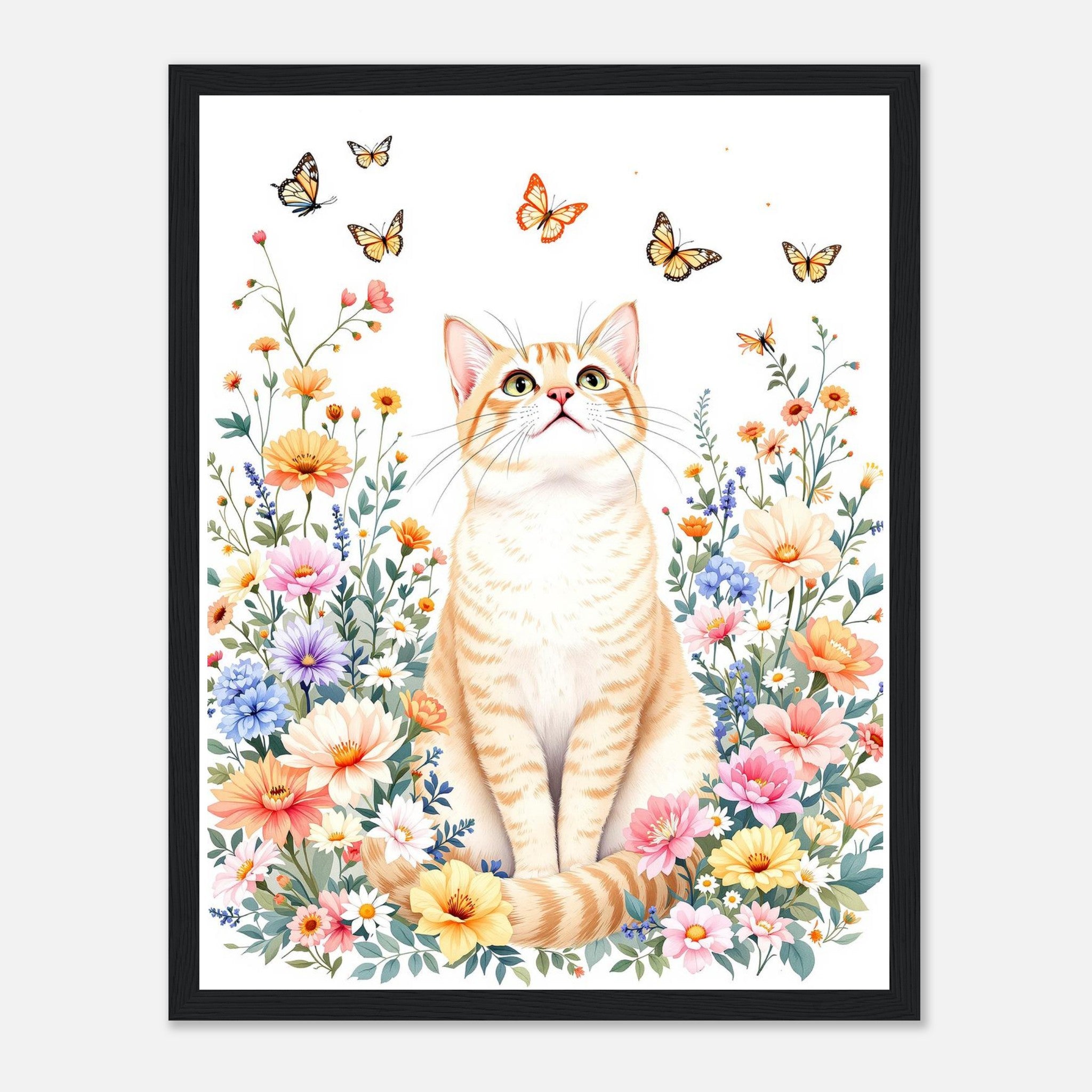 Cat In Flowers Art Framed Print Wall Art Ready to Hang UK Framed Art Print — detail view | Wild Thread Co