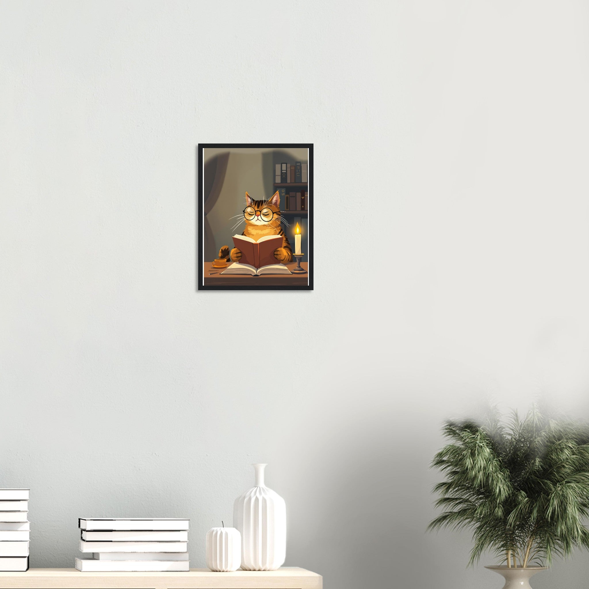 Cat Reading Book Framed Print Wall Art Ready to Hang UK Framed Art Print — detail view | Wild Thread Co