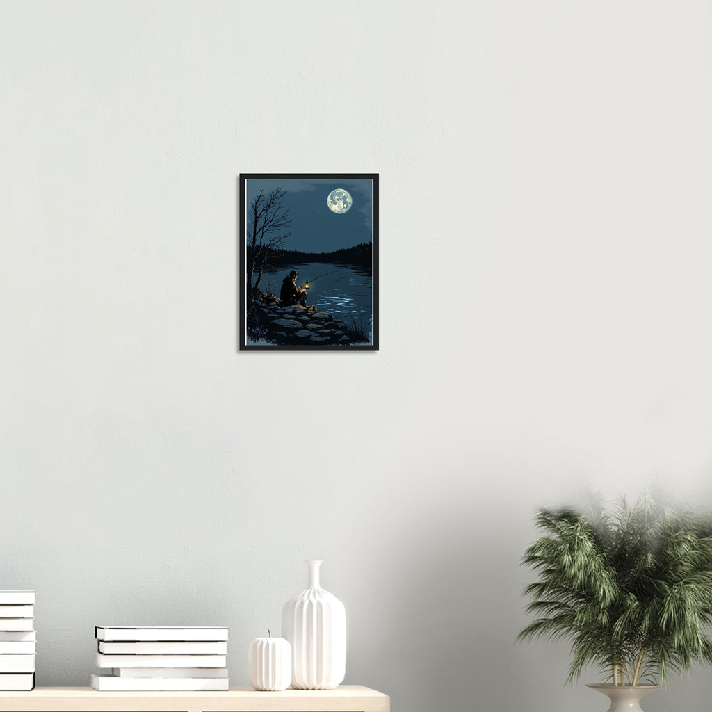 Night Fishing Lantern River Patience Framed Print Wall Art Ready to Framed Art Print — detail view | Wild Thread Co