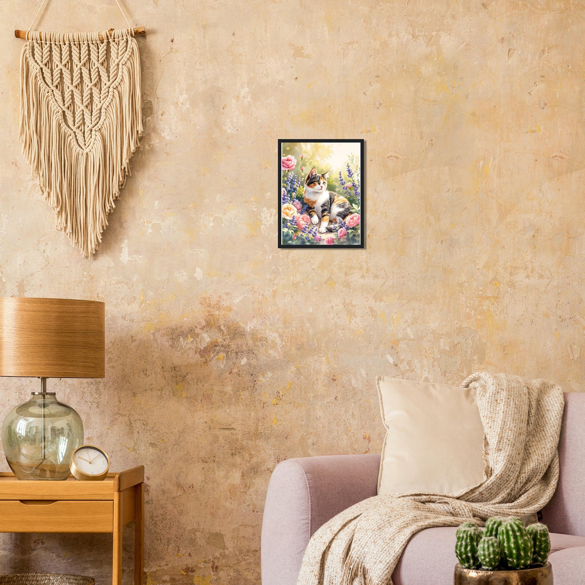 Calico Cat Garden Art Framed Print Wall Art Ready to Hang UK Framed Art Print — detail view | Wild Thread Co